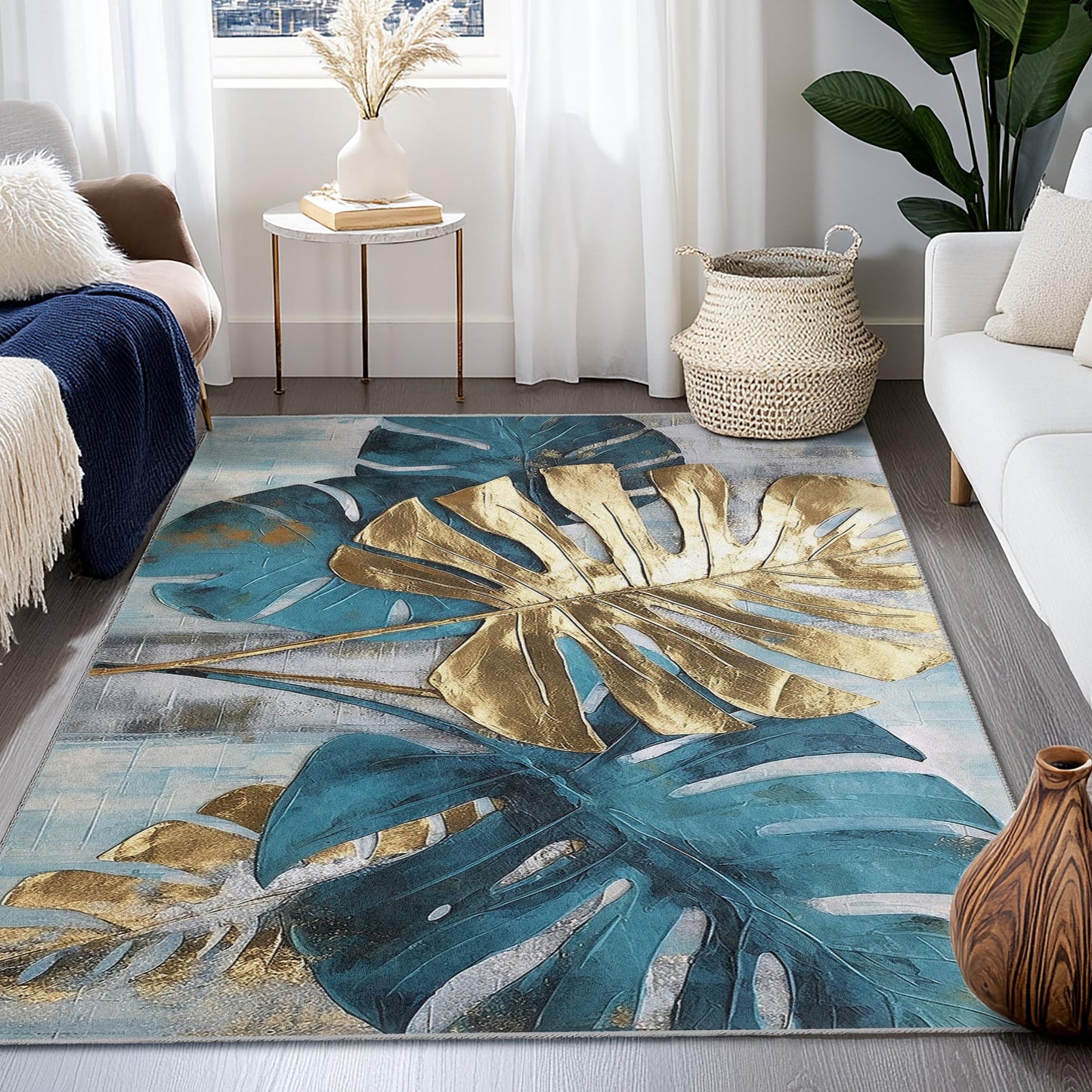 Runder Teppich mit tropischem Monstera-Blatt | Stilvolle Boho-Deko fürs Wohnzimmer | Weicher, waschbarer Teppich | Elegantes Wohnaccessoire