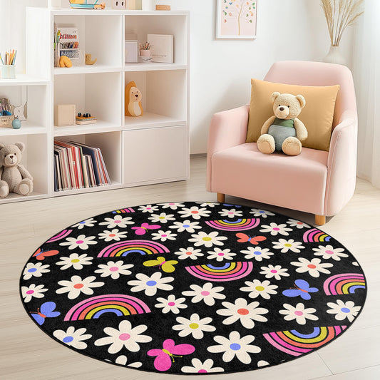 Colorful Flower and Rainbow Round Kids Rug, Floral Play Mat for Children, Soft Nursery Carpet, Cute Kids Room Decor