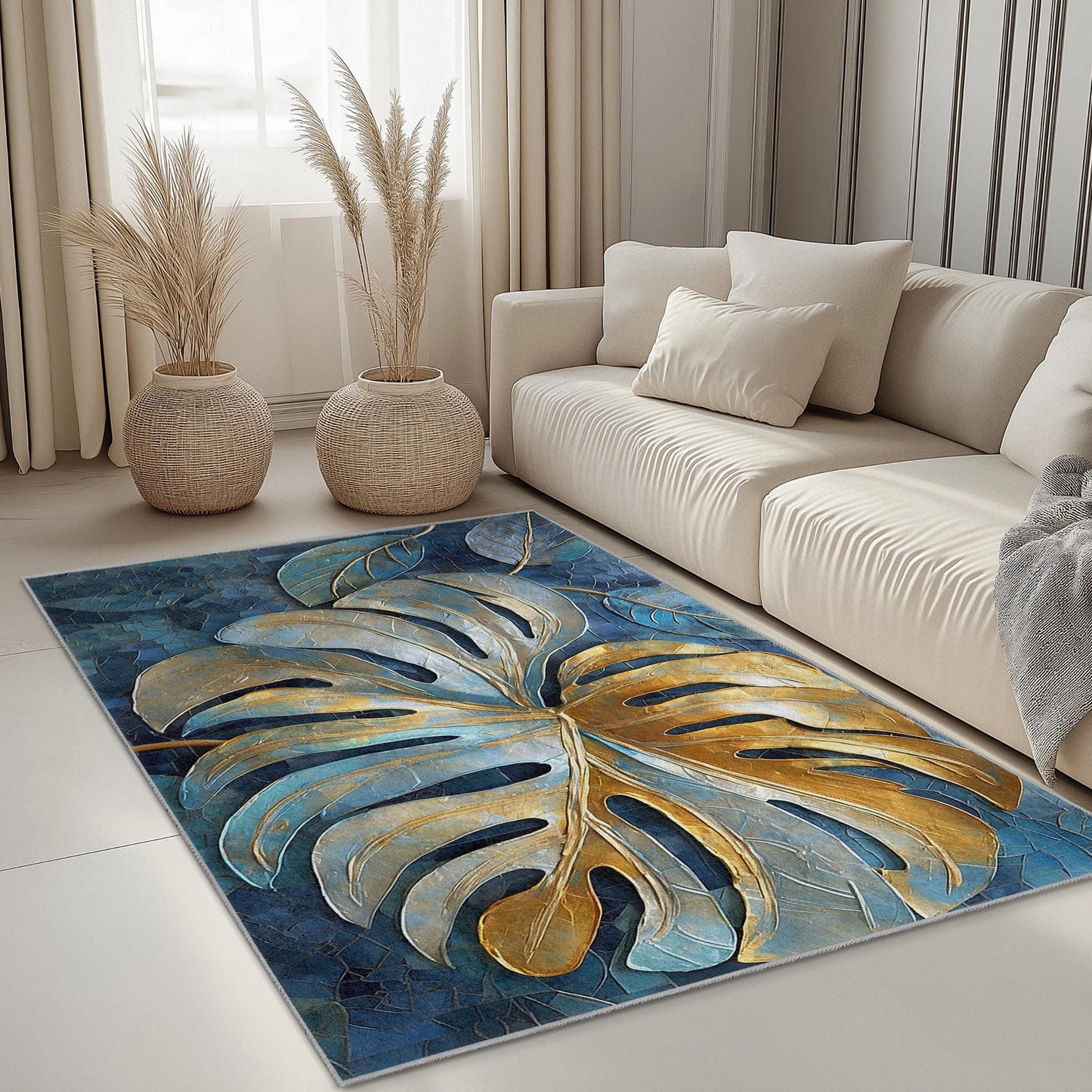 Eleganter rechteckiger Teppich mit Monstera-Blattmuster in Gold und Blau | Tropische Wohndekoration | Stilvoller Wohnzimmerteppich