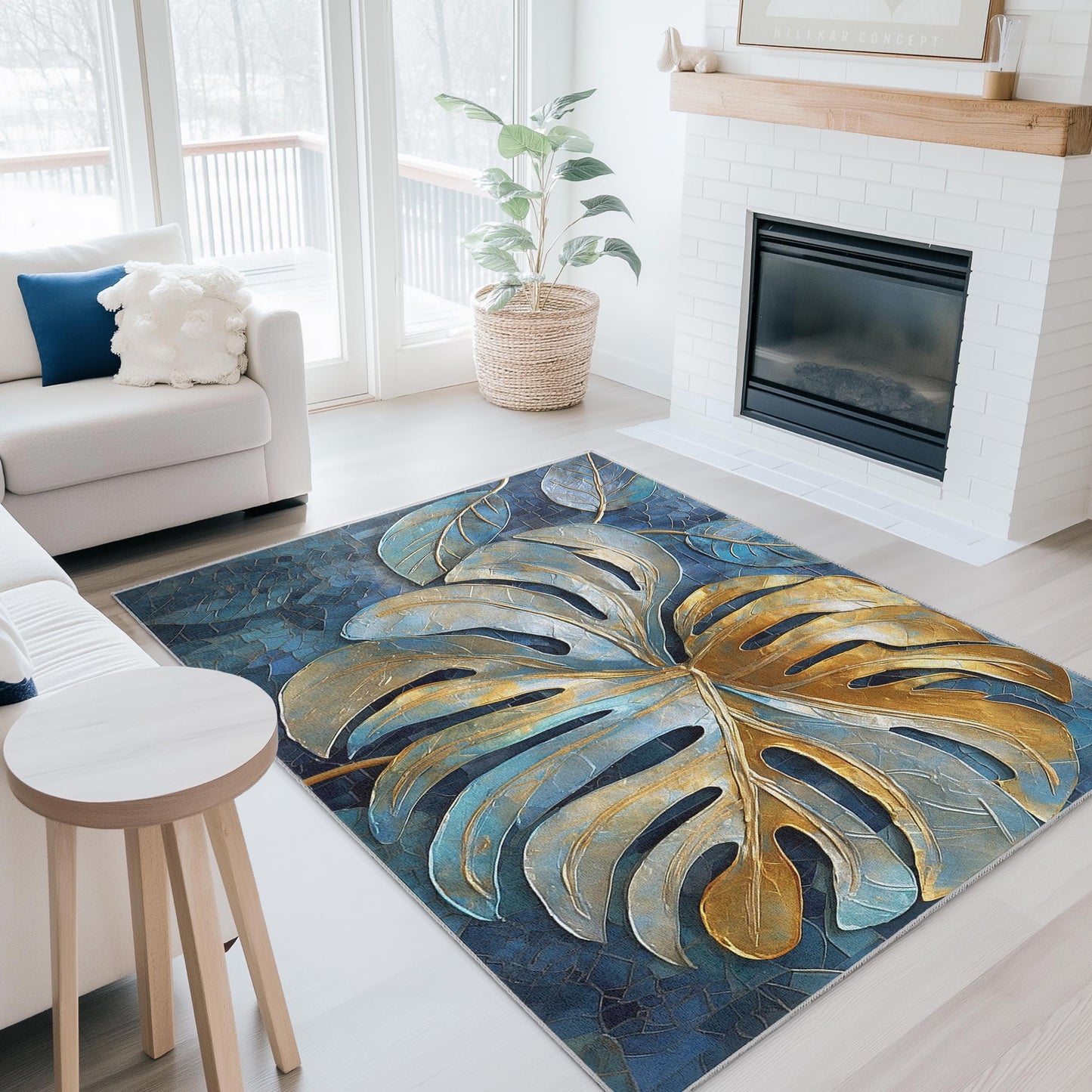 Eleganter rechteckiger Teppich mit Monstera-Blattmuster in Gold und Blau | Tropische Wohndekoration | Stilvoller Wohnzimmerteppich