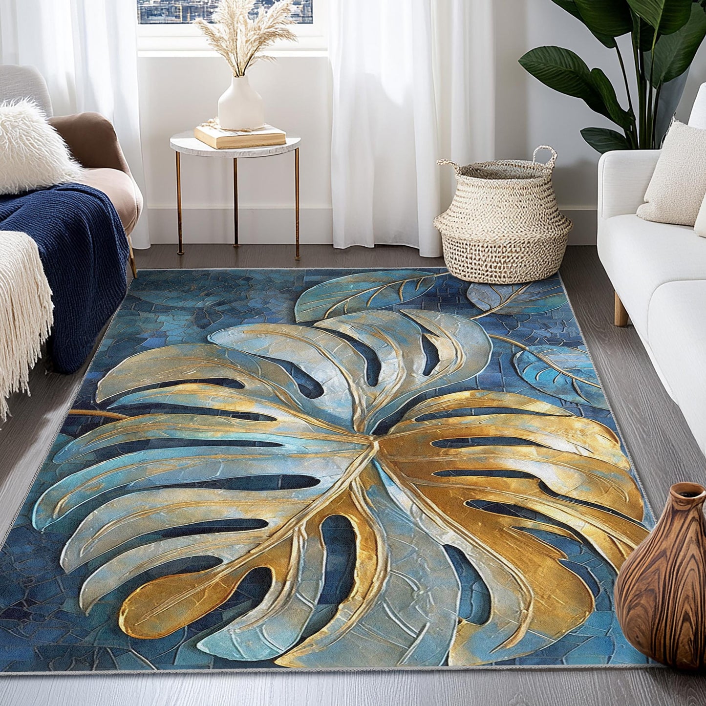 Eleganter rechteckiger Teppich mit Monstera-Blattmuster in Gold und Blau | Tropische Wohndekoration | Stilvoller Wohnzimmerteppich