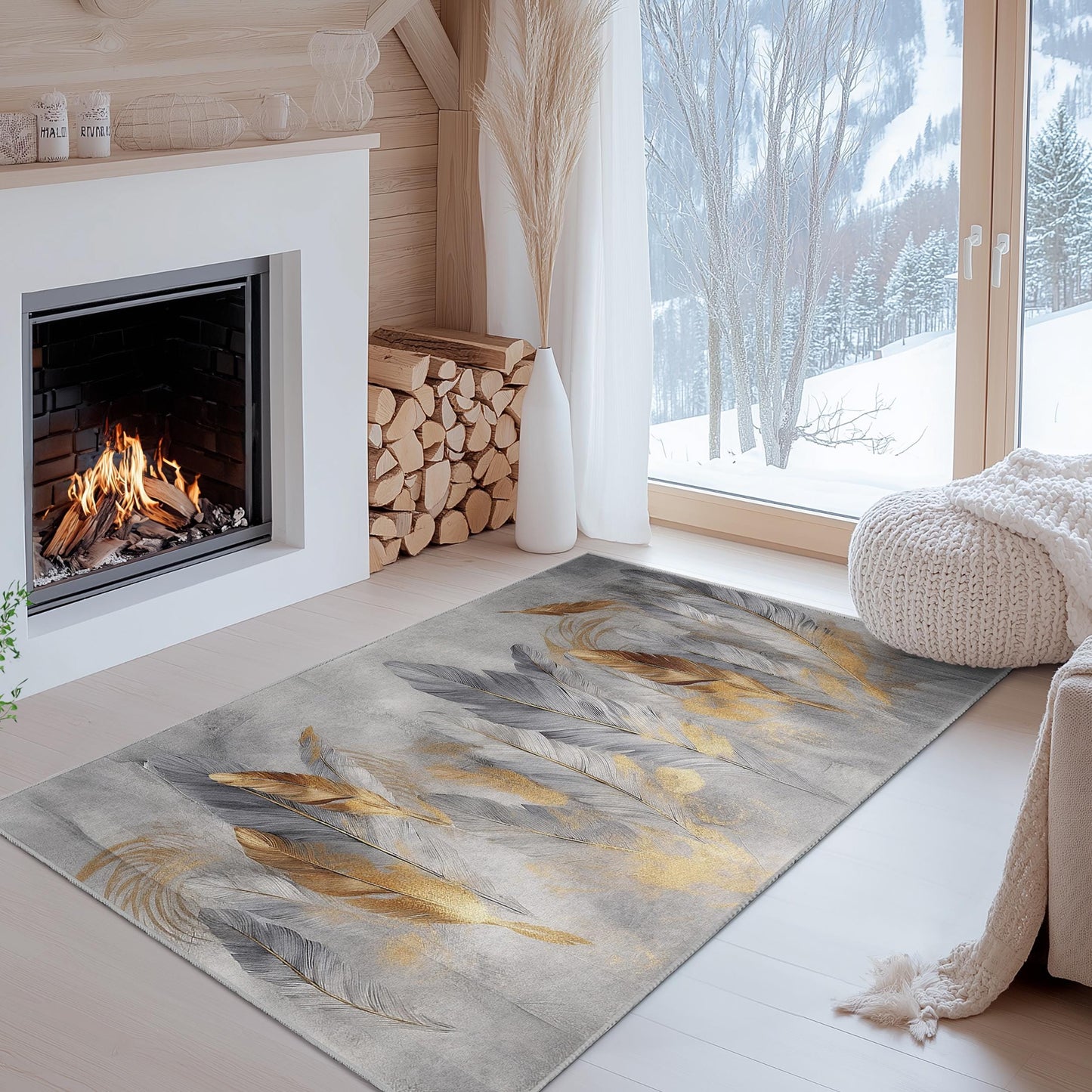 Eleganter rechteckiger Teppich mit Federdesign | Modernes Wohnambiente in Gold und Grau | Stilvoller Wohnzimmerteppich | Weiche, waschbare Fußmatte
