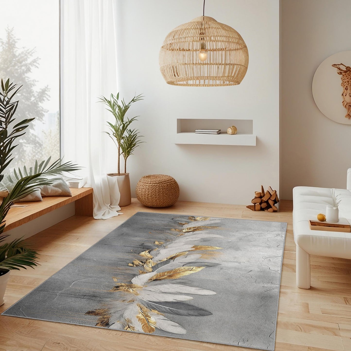 Eleganter rechteckiger Teppich mit Federdesign | Luxuriöser gold-weißer Teppich | Modernes Wohnambiente | Stilvoller Teppich
