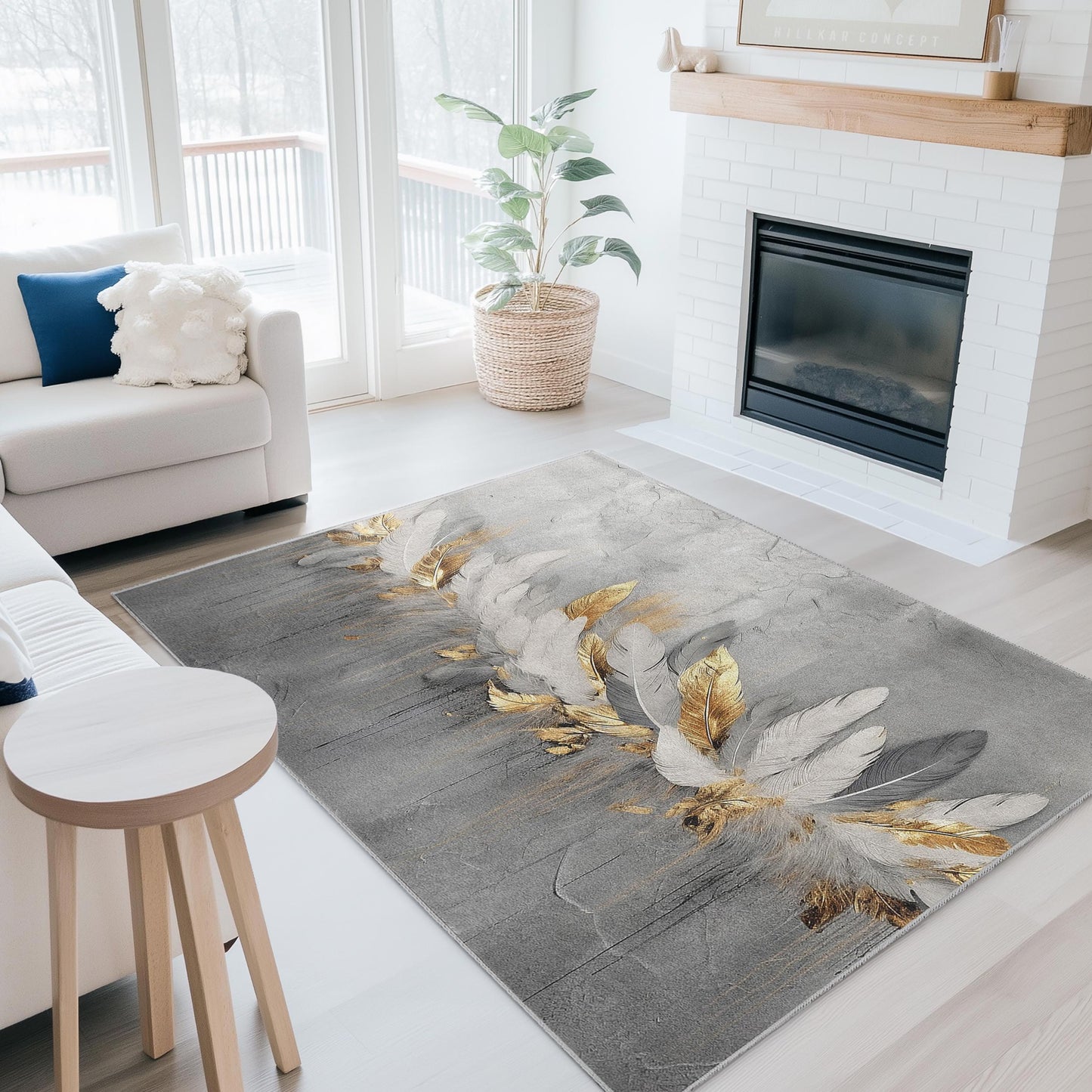 Eleganter rechteckiger Teppich mit Federdesign | Luxuriöser gold-weißer Teppich | Modernes Wohnambiente | Stilvoller Teppich
