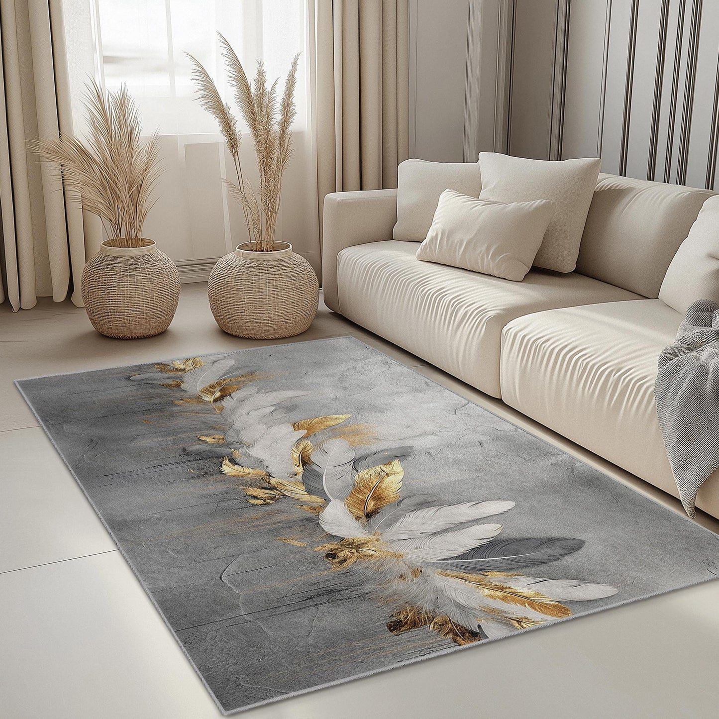 Eleganter rechteckiger Teppich mit Federdesign | Luxuriöser gold-weißer Teppich | Modernes Wohnambiente | Stilvoller Teppich