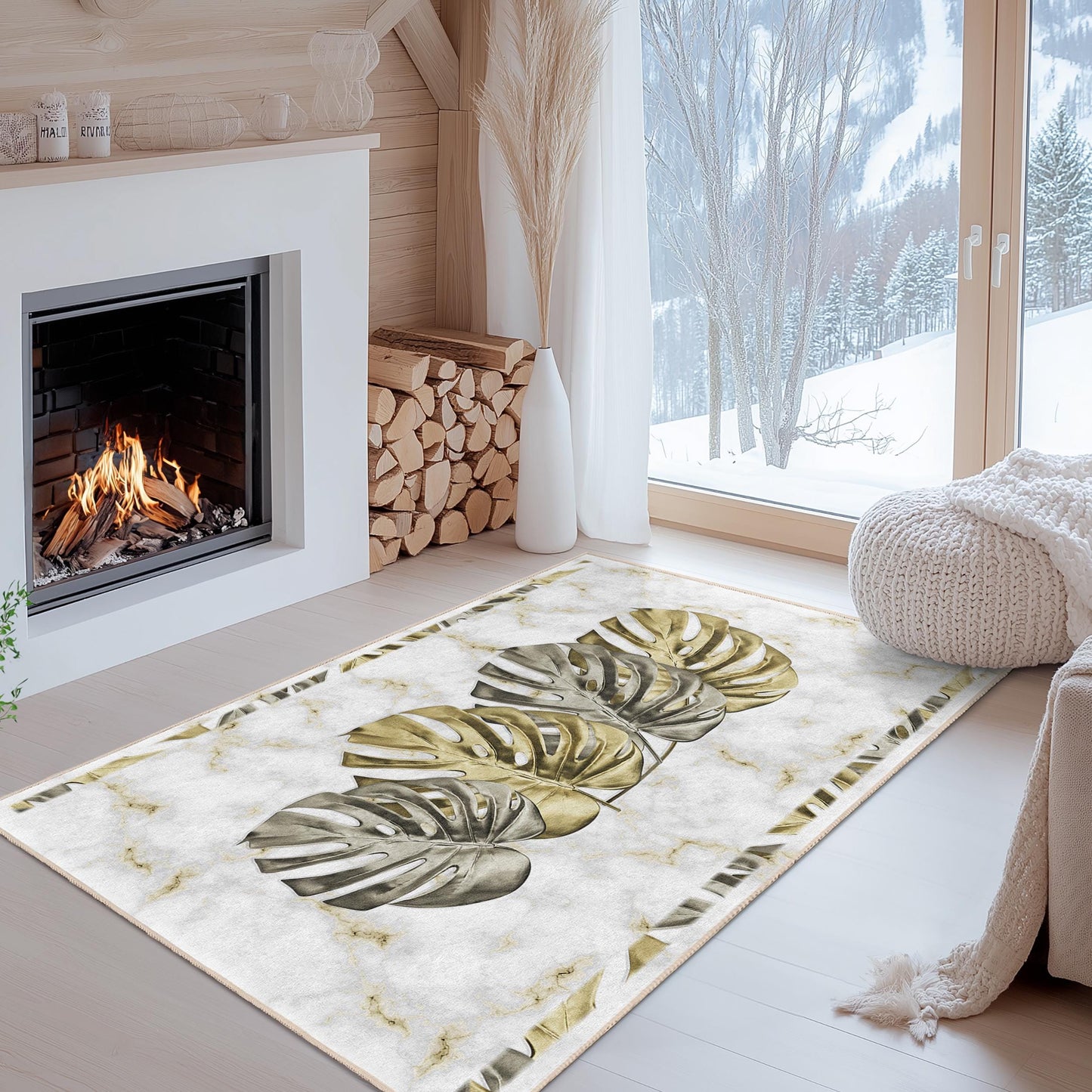 Eleganter rechteckiger Teppich mit Monstera-Blättern | Teppich mit Marmormuster fürs Wohnzimmer | Luxuriöse Wohndekoration | Stilvolle Bodenmatte mit botanischem Motiv