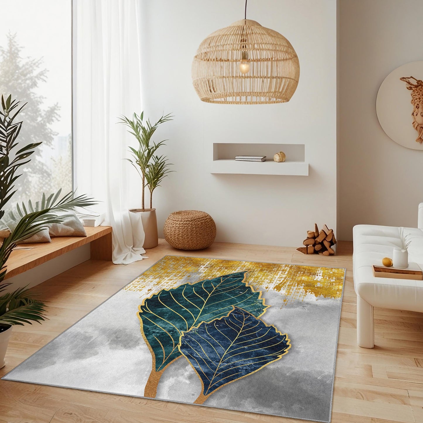 Eleganter rechteckiger Teppich mit blauem und goldenem Blattmuster | Moderner botanischer Fußmatten-Teppich | Luxuriöse Heimdekoration | Weicher Baumwollteppich