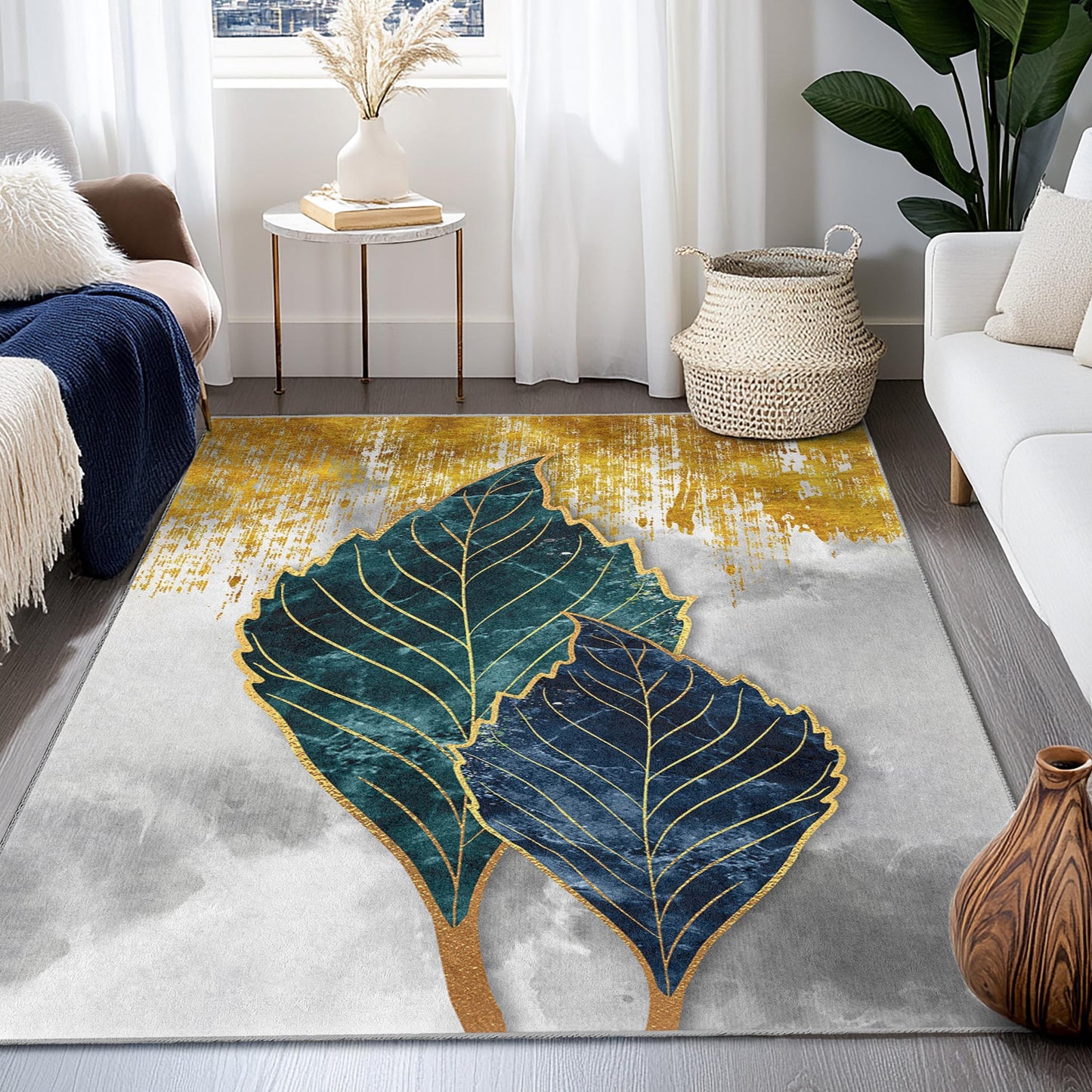 Eleganter rechteckiger Teppich mit blauem und goldenem Blattmuster | Moderner botanischer Fußmatten-Teppich | Luxuriöse Heimdekoration | Weicher Baumwollteppich