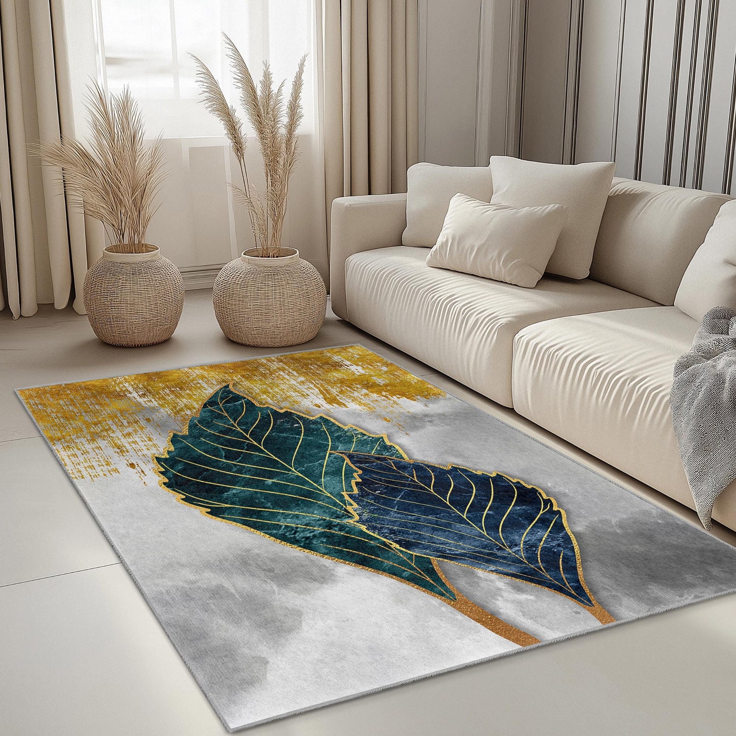 Eleganter rechteckiger Teppich mit blauem und goldenem Blattmuster | Moderner botanischer Fußmatten-Teppich | Luxuriöse Heimdekoration | Weicher Baumwollteppich