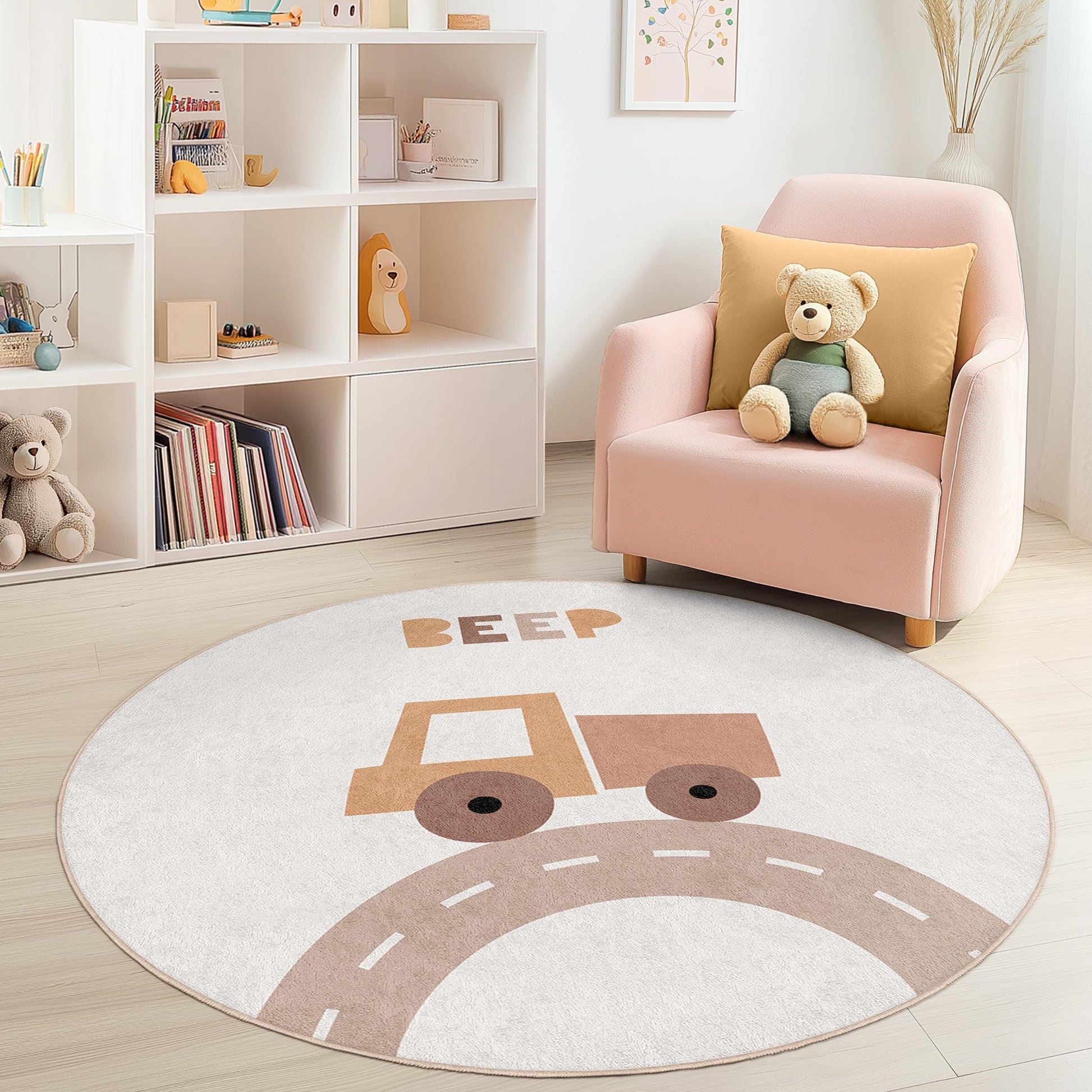 Beep Truck Round Kids Play Rug, Soft Nursery Rug, Interactive Play Mat for Toddlers, Round Playroom Decor, Kids Room Carpet