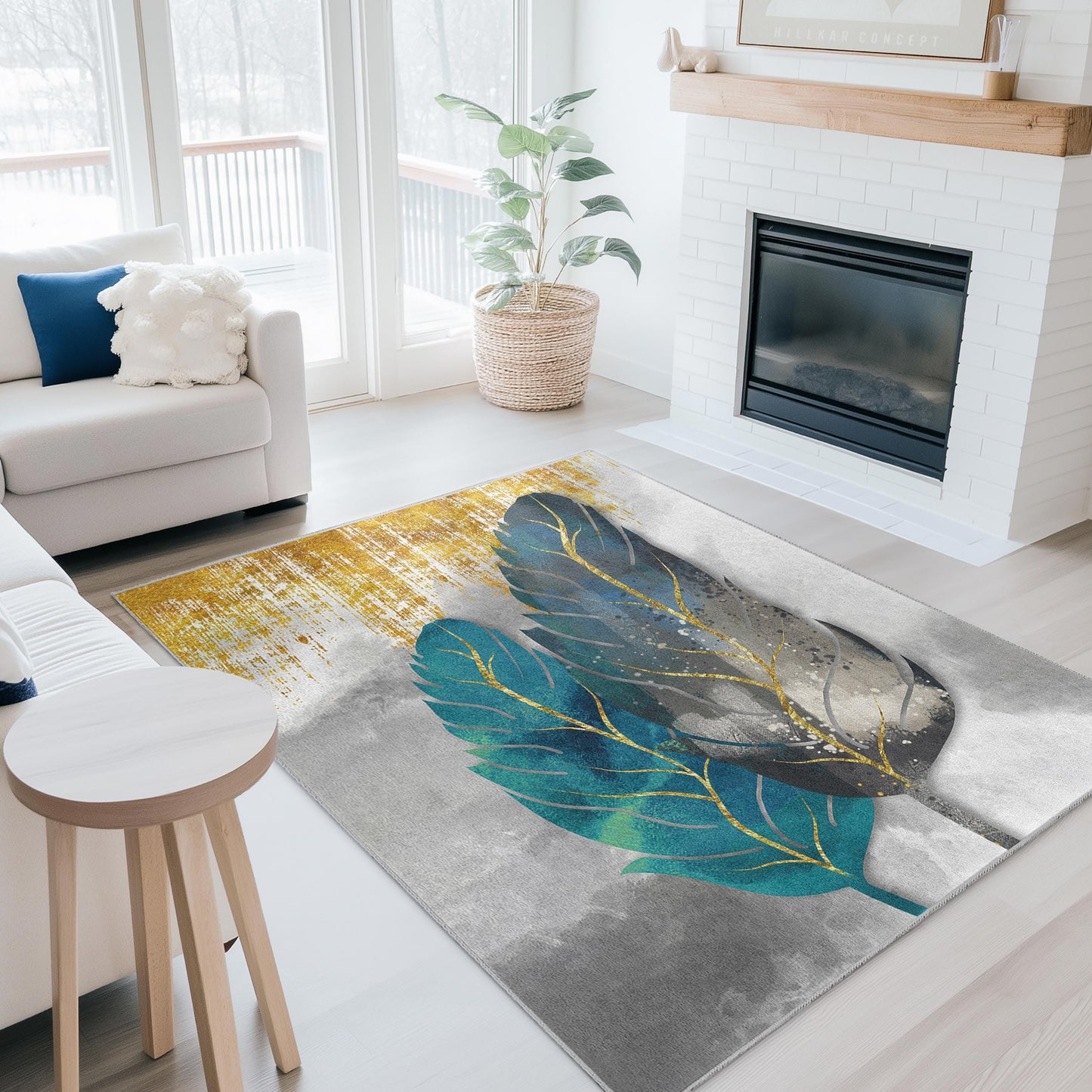 Waschbarer rechteckiger Teppich mit Feder- und Blätterdesign | Eleganter Teppich mit botanischem Blattmuster | Weiche Wohndekoration | Einzigartige Wohnzimmermatte