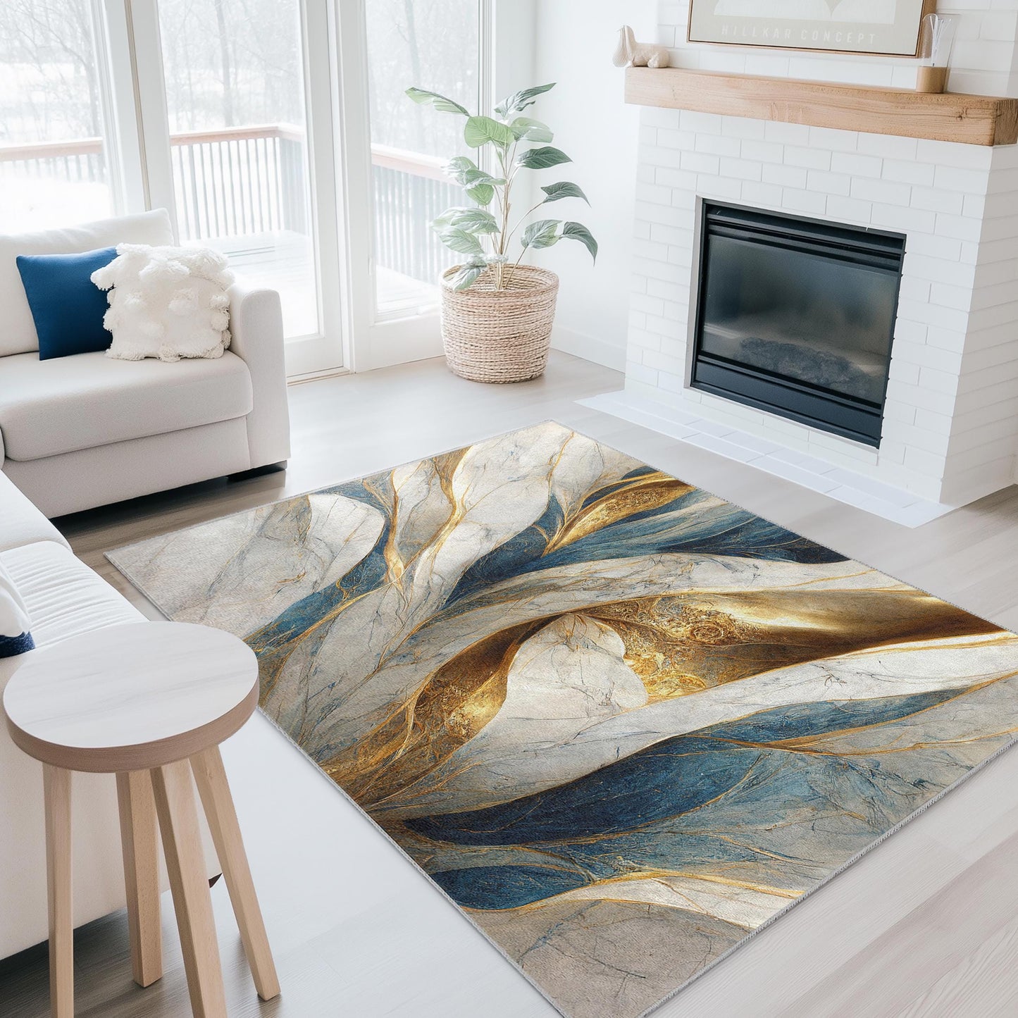 Eleganter, abstrakter rechteckiger Teppich in Blau und Gold | Luxuriöse, moderne Wohnaccessoires | Weicher und waschbarer Teppich fürs Wohnzimmer