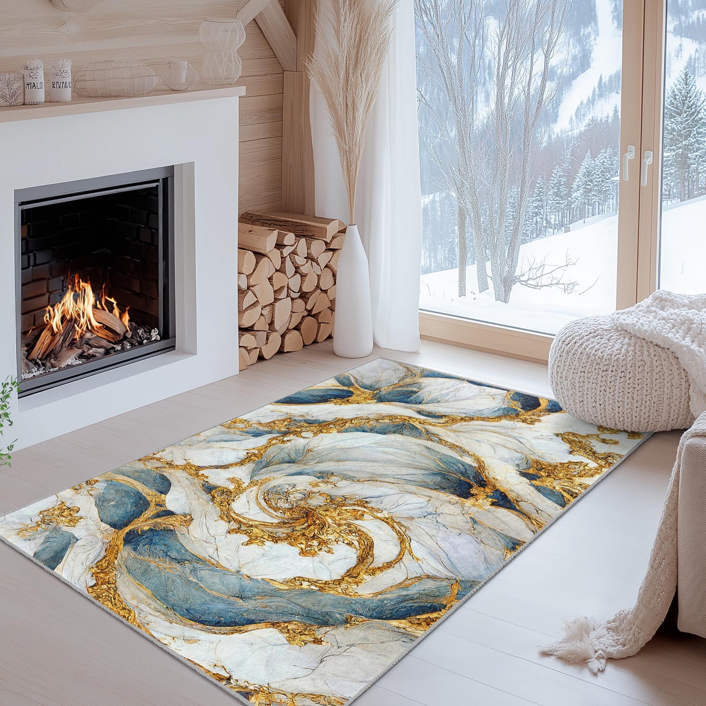 Eleganter, abstrakter rechteckiger Teppich in Blau und Gold | Modernes Wohnambiente | Luxuriöser Wohnzimmerteppich | Künstlerische Fußmatte