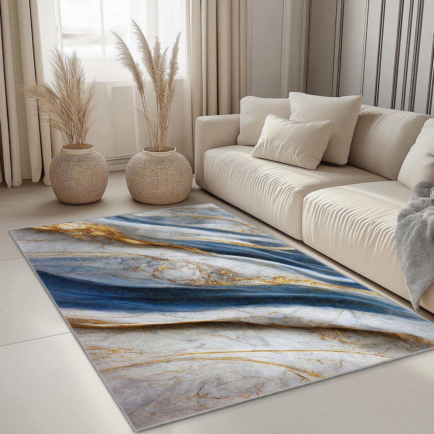 Luxuriöser rechteckiger Teppich aus blauem und goldenem Marmor | Eleganter Wohnteppich | Weicher und waschbarer Wohnzimmerteppich