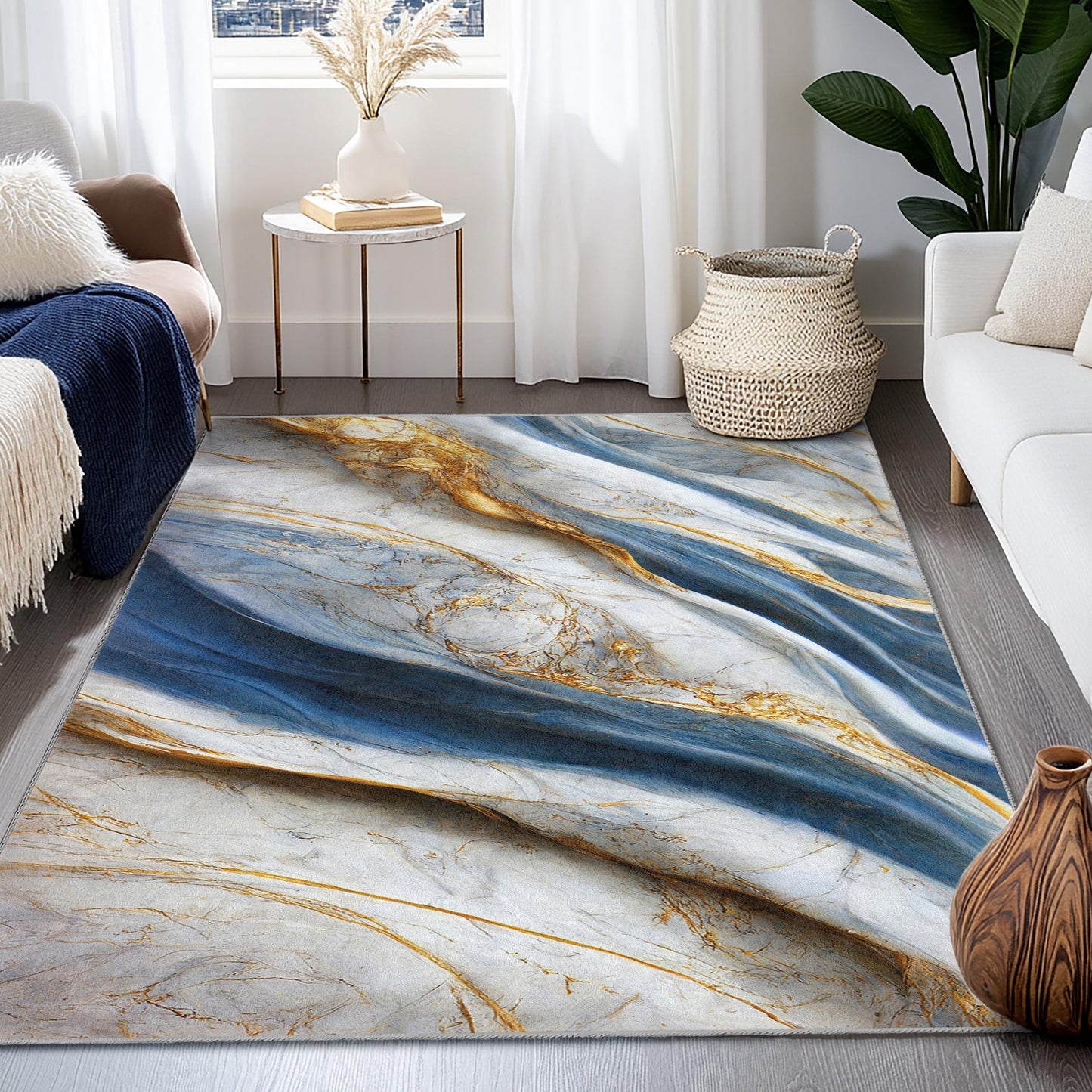 Luxuriöser rechteckiger Teppich aus blauem und goldenem Marmor | Eleganter Wohnteppich | Weicher und waschbarer Wohnzimmerteppich