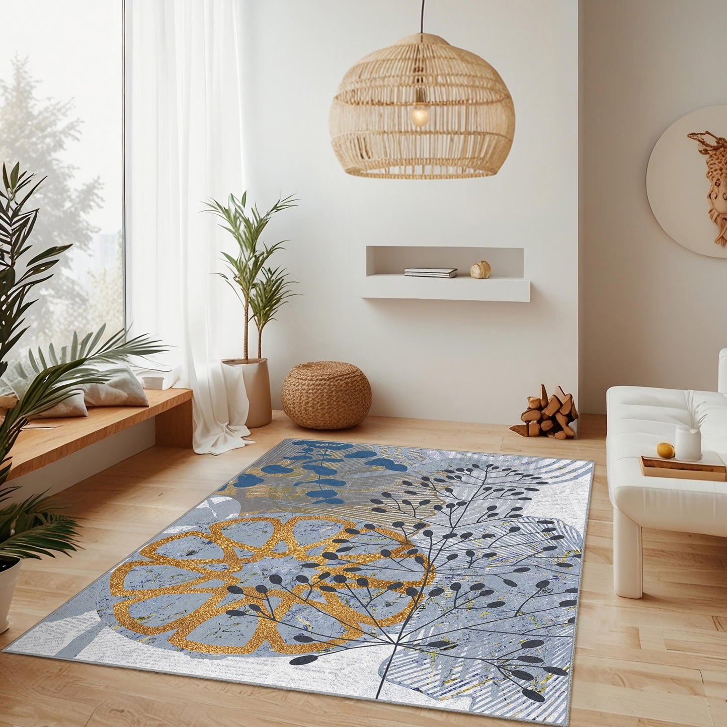 Rechteckiger Teppich mit botanischem Zitrusmuster | Modernes Blumendesign fürs Wohnzimmer | Stilvoller Wohnteppich | Weich und waschbar