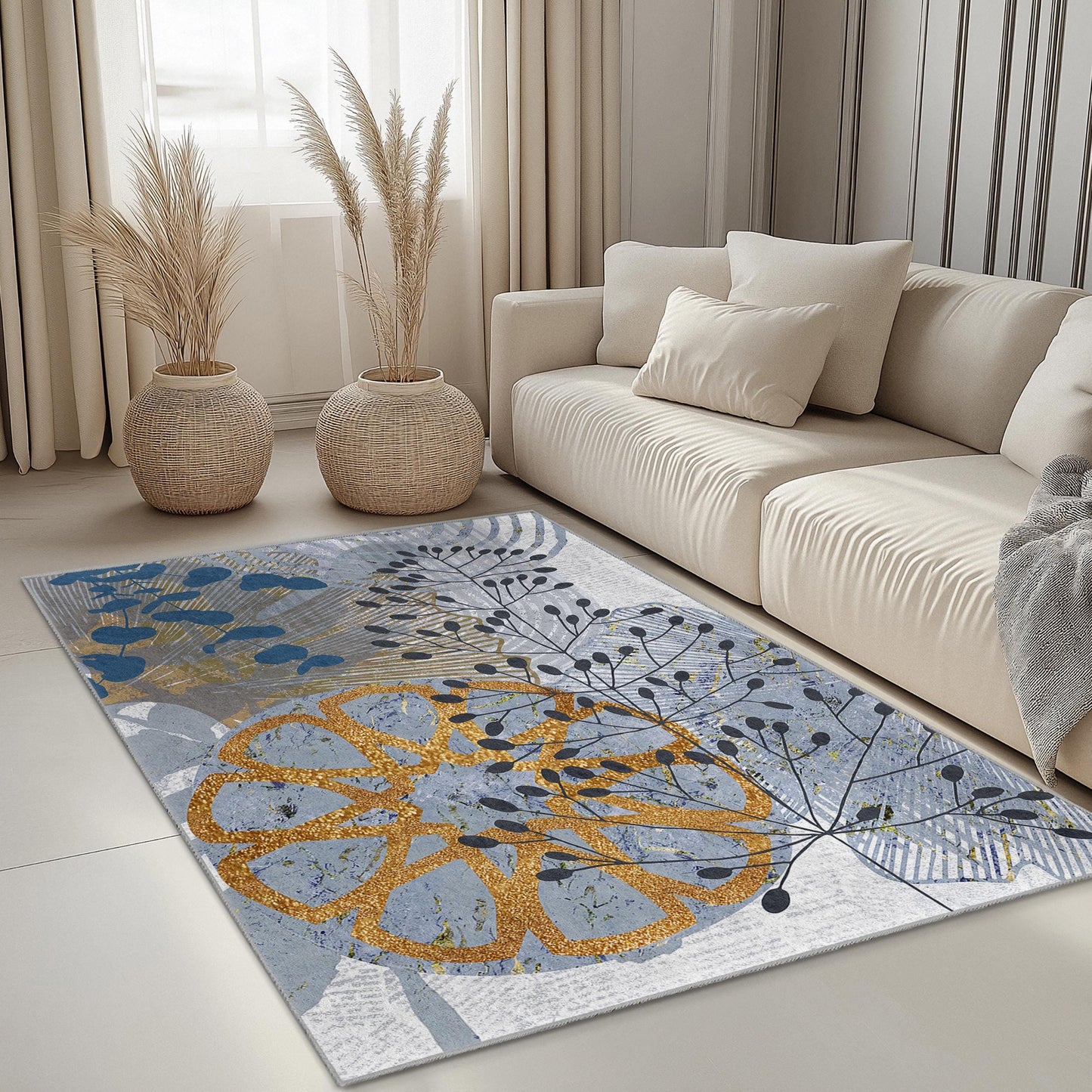 Rechteckiger Teppich mit botanischem Zitrusmuster | Modernes Blumendesign fürs Wohnzimmer | Stilvoller Wohnteppich | Weich und waschbar