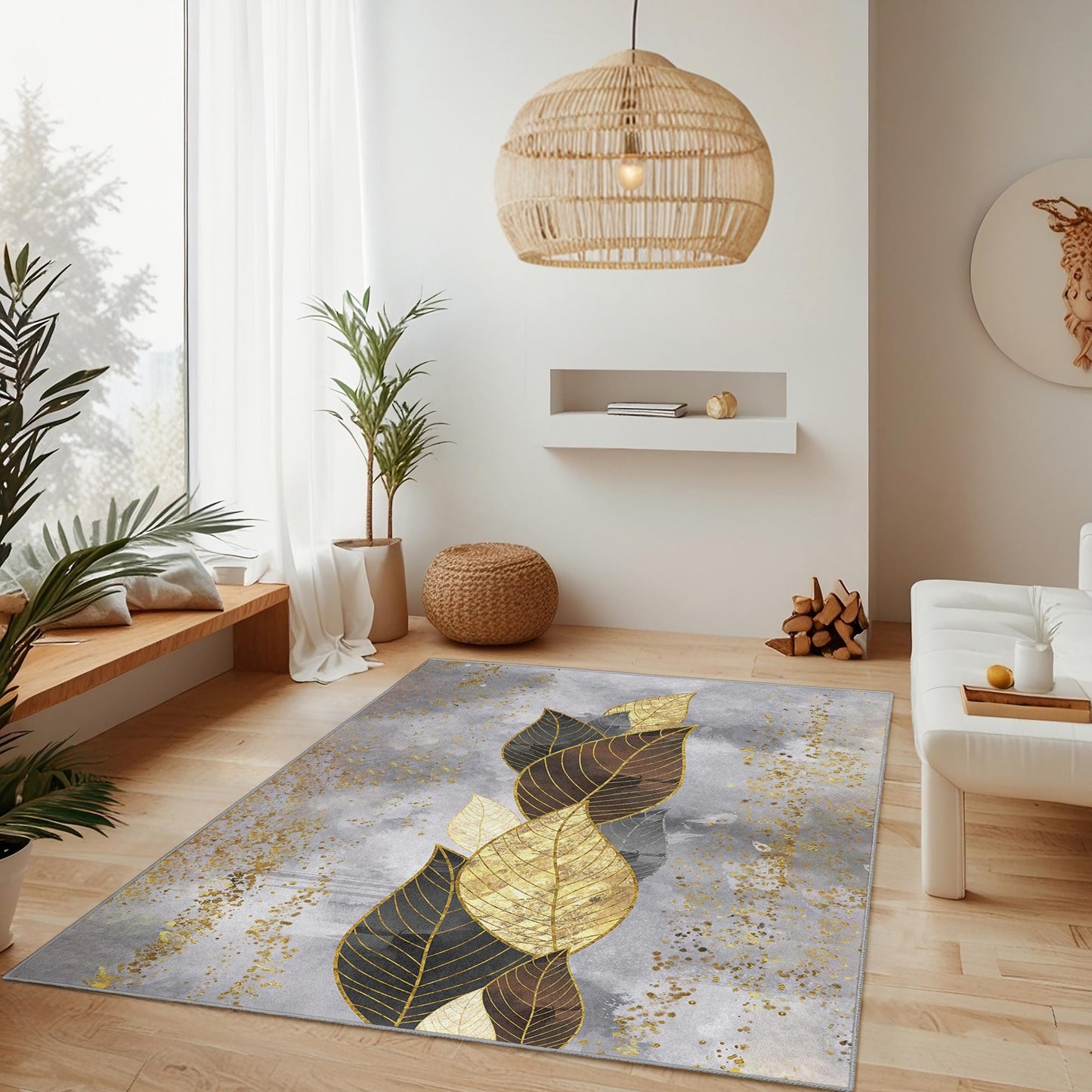 Botanischer Teppich mit Goldblattmuster: Moderne, elegante Wohndekoration