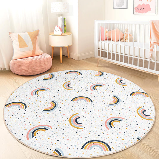 Rainbow Pattern Round Kids Play Rug, Colorful Nursery Rug, Soft Round Carpet for Playroom, Kids Room Decor, Fun Rainbow Mat
