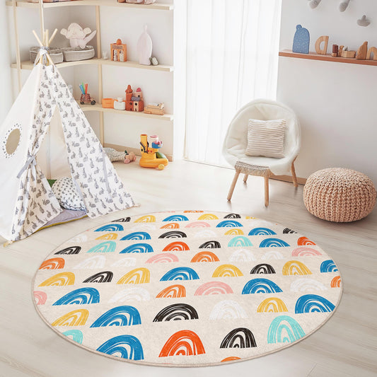 Colorful Rainbow Wave Round Kids Rug, Playful Round Carpet for Kids Room, Soft Nursery Decor, Rainbow Pattern Area Rug