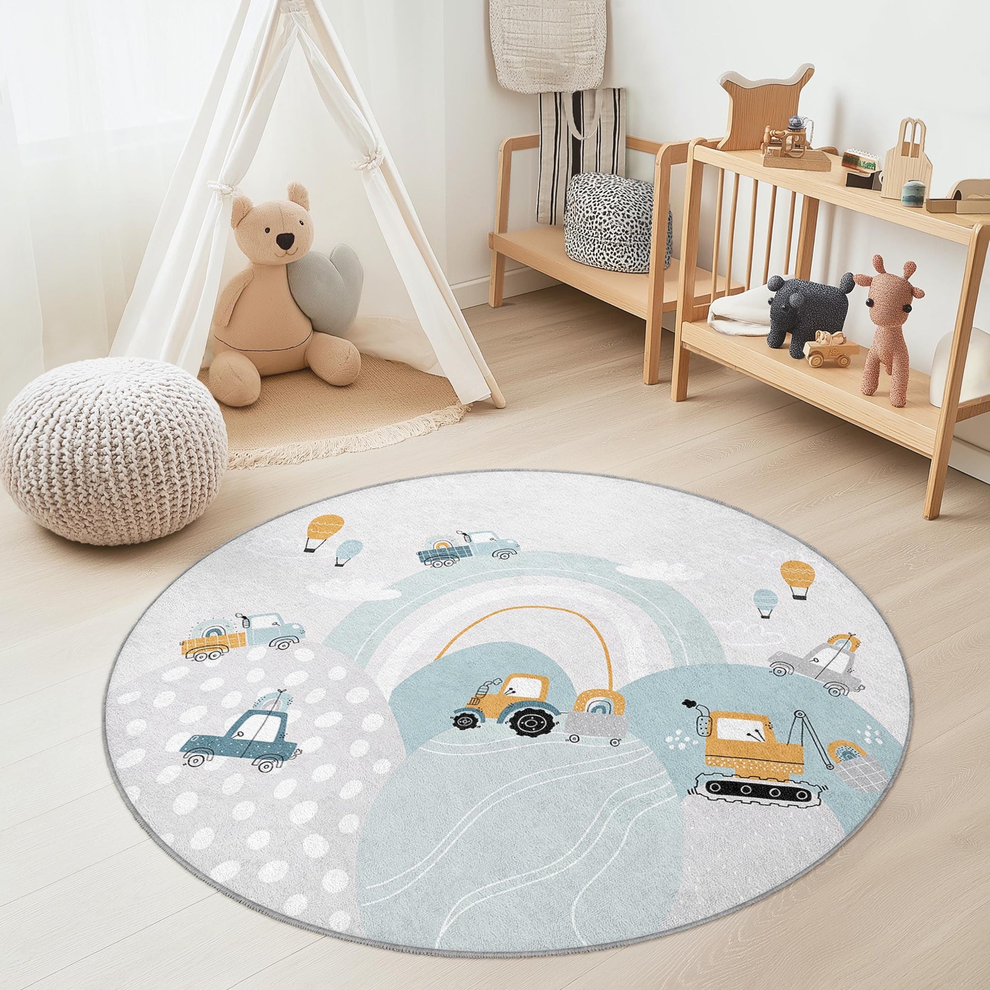 Whimsical Construction Vehicles Round Kids Rug, Playful Kids Room Carpet, Nursery Decor, Soft Play Mat for Toddlers