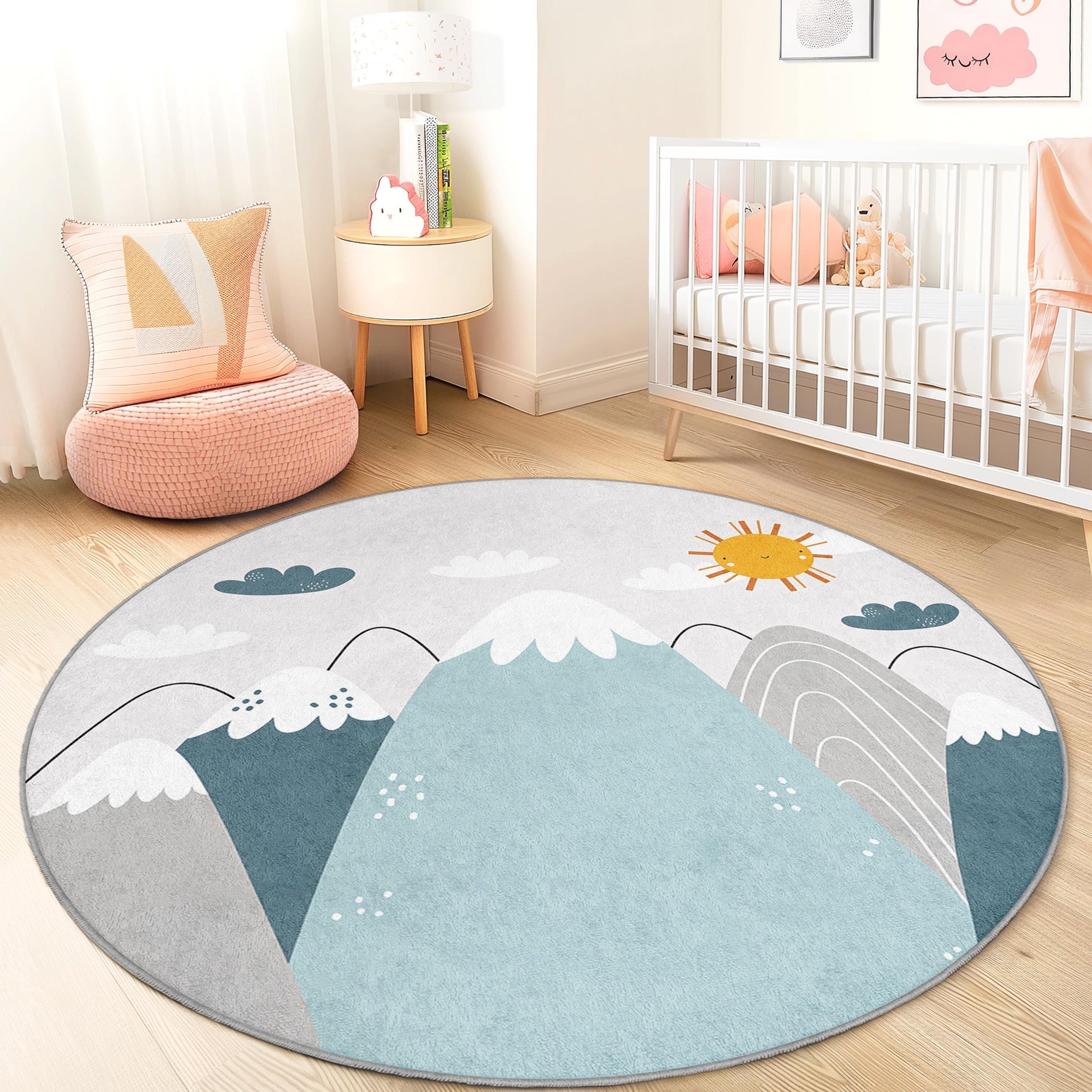 Mountain Adventure Round Kids Rug, Nature Theme Play Mat, Soft Round Carpet for Kids Room, Nursery Decor, Kids Playroom Rug