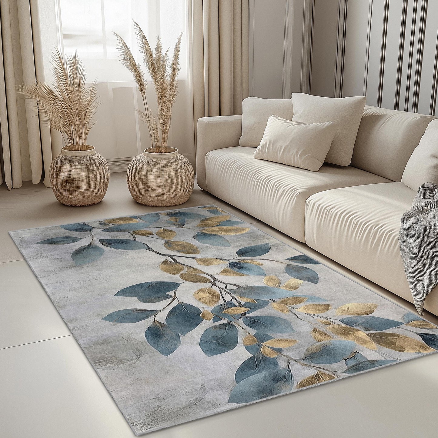 Eleganter Teppich mit Blattmuster | Moderner rechteckiger Fußmatten-Teppich | Stilvolle Wohndekoration | Weicher dekorativer Baumwollteppich