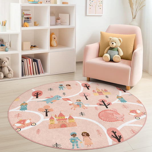 Fairytale Adventure Round Kids Play Rug, Princess Castle Kids Rug, Magical Kids Room Decor, Fantasy Play Mat for Children