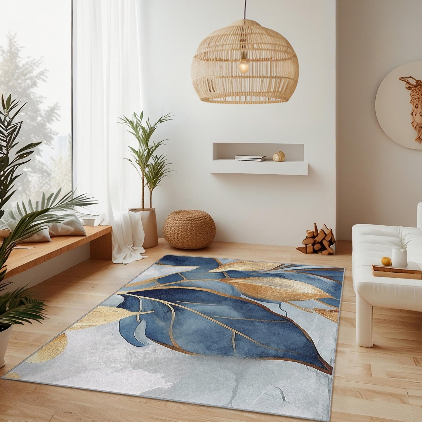 Eleganter rechteckiger Teppich mit blauem und goldenem Blattmuster | Moderner botanischer Teppich fürs Wohnzimmer | Stilvolle Wohndekoration