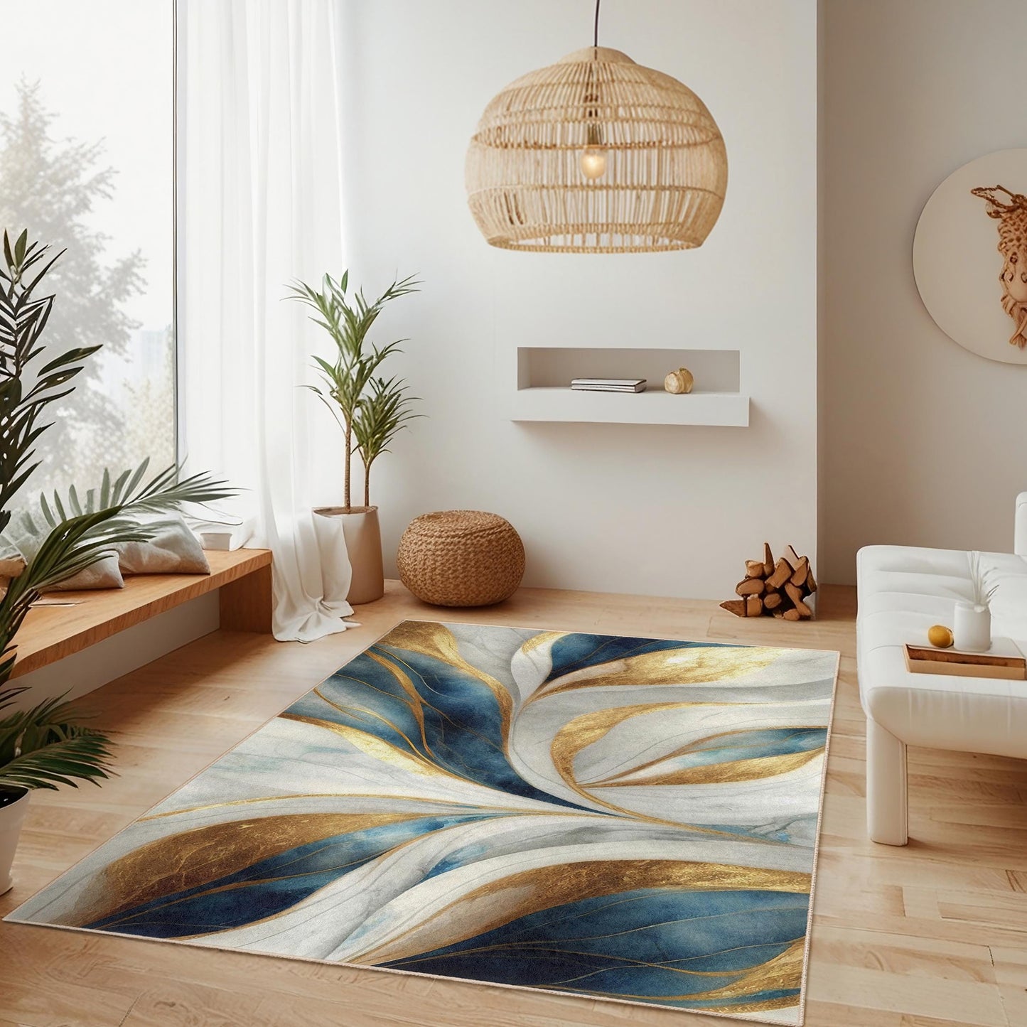 Eleganter rechteckiger Teppich mit gold-blauem Blumenmuster | Luxuriöse Wohnaccessoires | Weicher Baumwollteppich | Hochauflösender Druck
