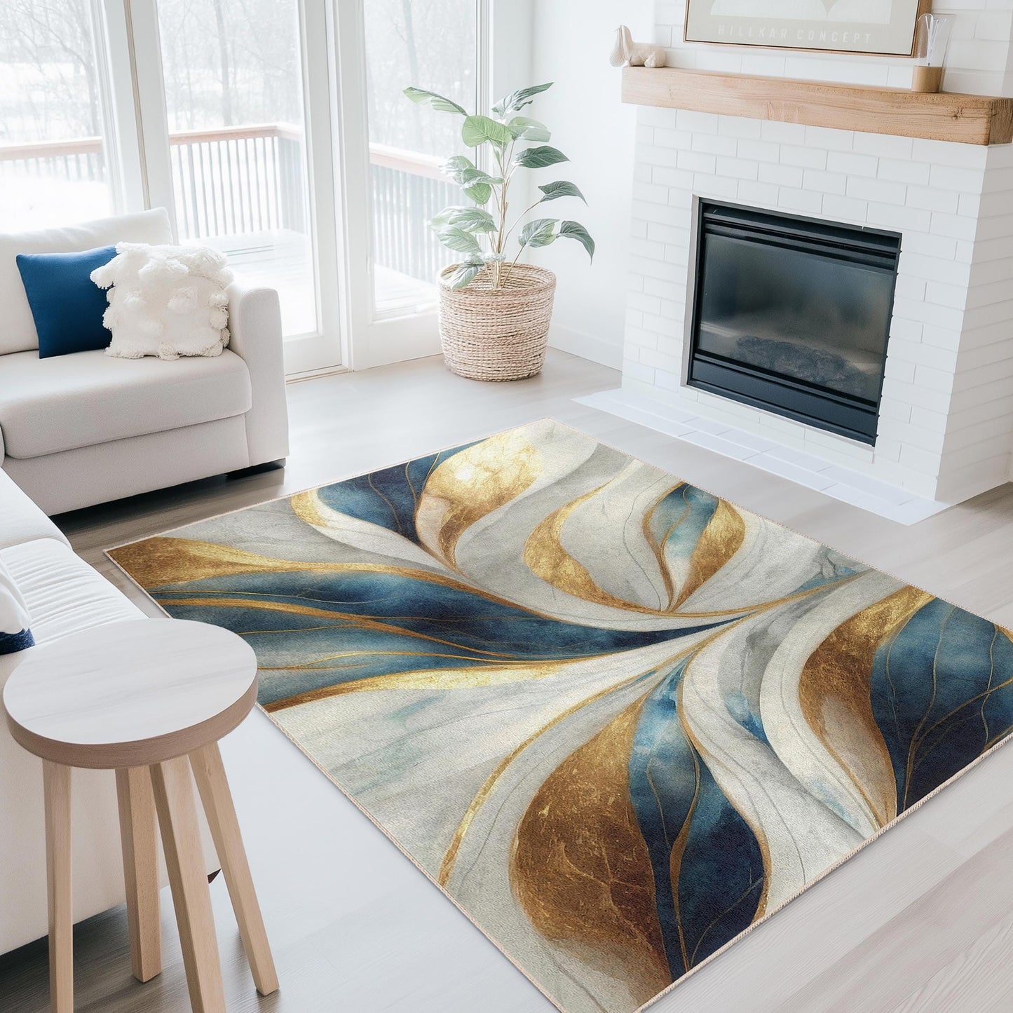 Eleganter rechteckiger Teppich mit gold-blauem Blumenmuster | Luxuriöse Wohnaccessoires | Weicher Baumwollteppich | Hochauflösender Druck