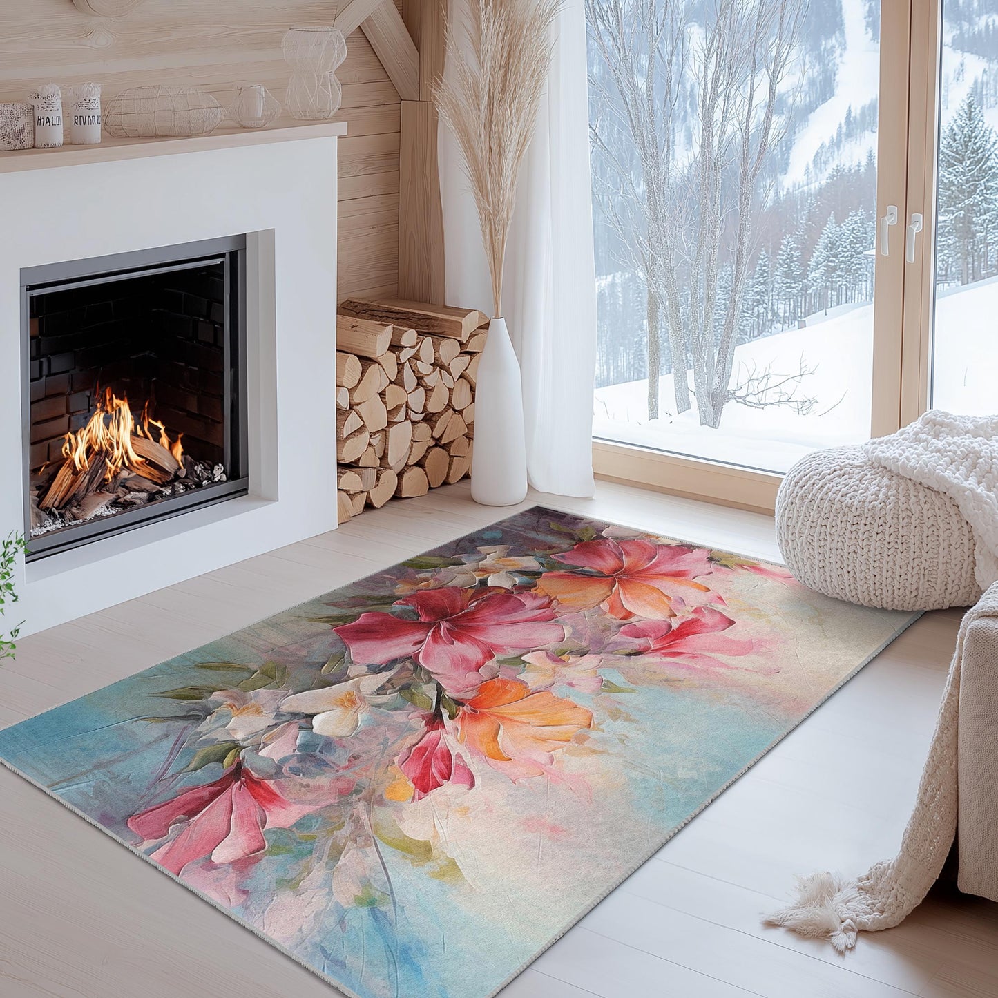 Rechteckiger Teppich mit lebendigem Blumenmuster | Weicher Baumwollteppich fürs Wohnzimmer | Luxuriöser Wohnteppich mit Blumendruck