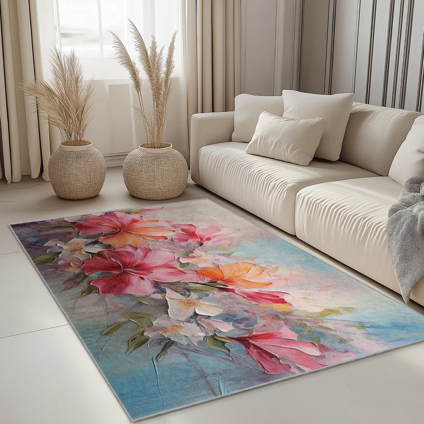 Rechteckiger Teppich mit lebendigem Blumenmuster | Weicher Baumwollteppich fürs Wohnzimmer | Luxuriöser Wohnteppich mit Blumendruck