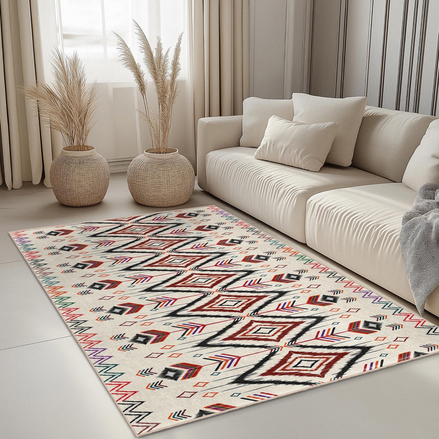 Rechteckiger Teppich mit geometrischem Muster | Moderner Boho-Teppich | Stilvolle Wohnzimmerdekoration | Vielseitiges Wohnaccessoire