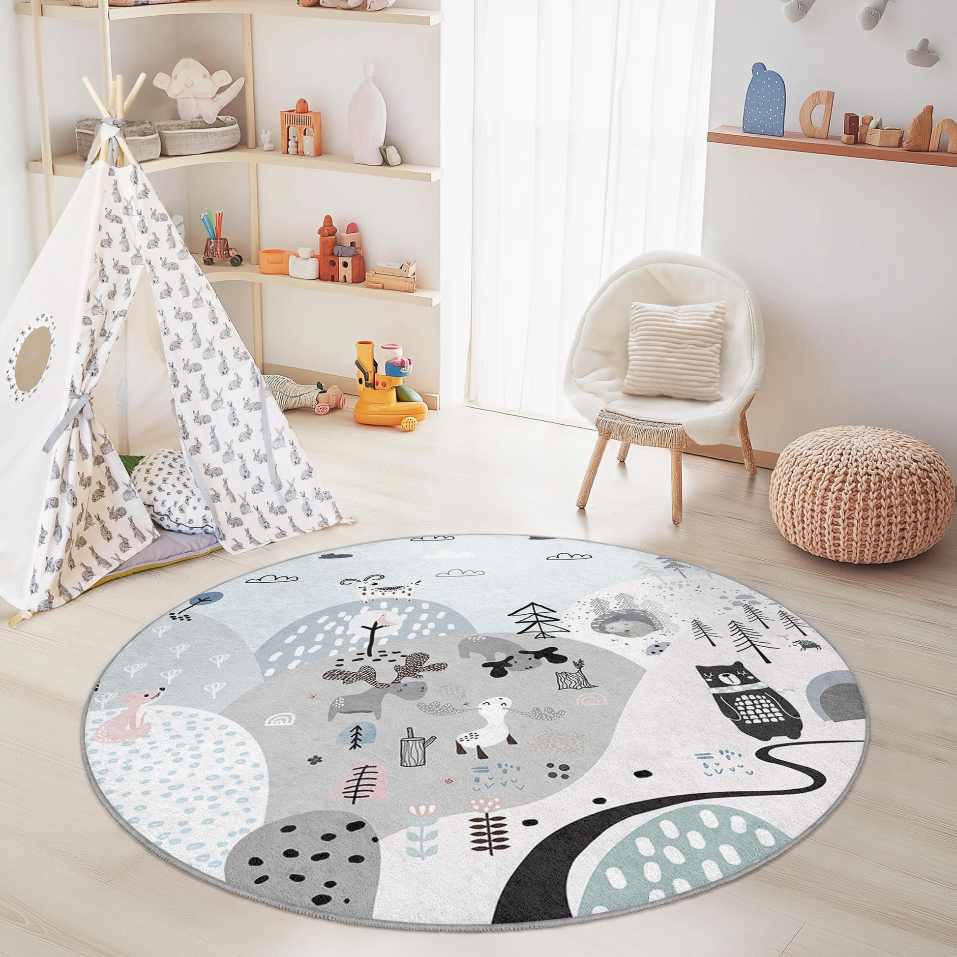 Whimsical Forest Round Kids Rug, Animal Theme Nursery Rug, Playroom Decor, Soft Round Carpet for Children, Cozy Kids Room Mat