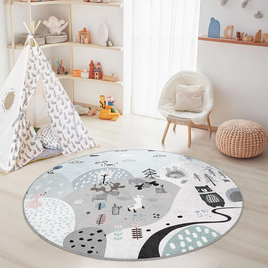Whimsical Forest Round Kids Rug, Animal Theme Nursery Rug, Playroom Decor, Soft Round Carpet for Children, Cozy Kids Room Mat