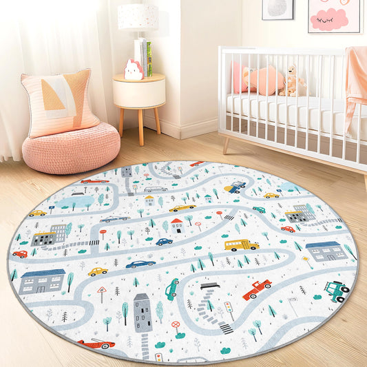 Colorful Road Map Round Kids Play Rug, Interactive Play Mat for Children, Nursery Decor, Playroom Carpet, Soft Kids Area Rug