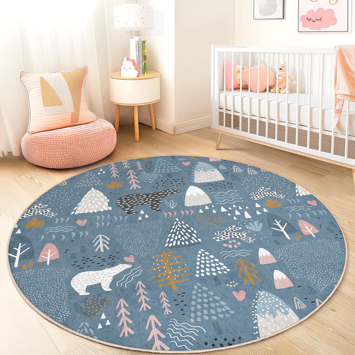 Whimsical Woodland Round Kids Rug, Bear and Tree Pattern, Soft Play Area Mat, Nursery Decor, Playroom Carpet
