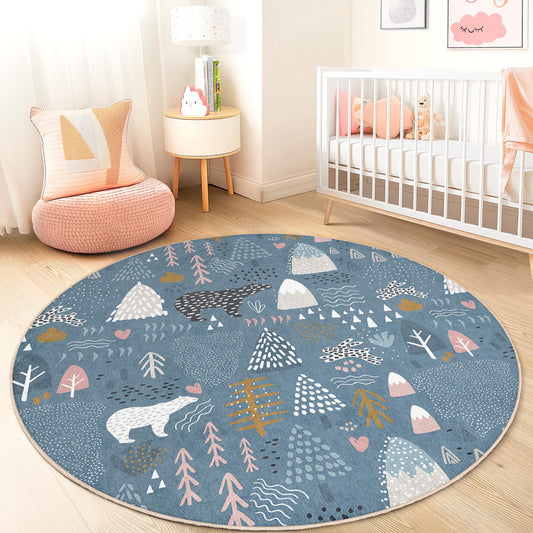 Whimsical Woodland Round Kids Rug, Bear and Tree Pattern, Soft Play Area Mat, Nursery Decor, Playroom Carpet