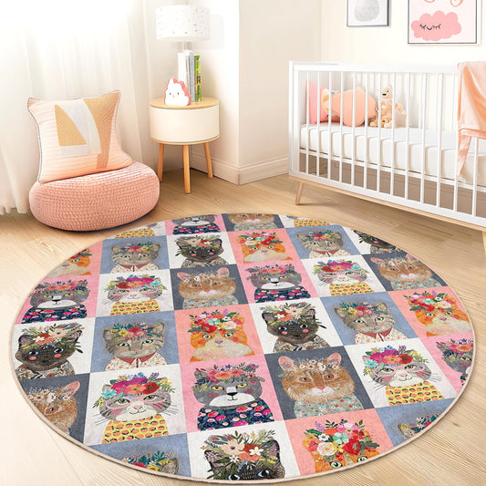 Whimsical Cat Portraits Round Rug, Colorful Cat Decor, Kids Room Rug, Floral Cat Design, Cat Lover Gift, Playroom Carpet