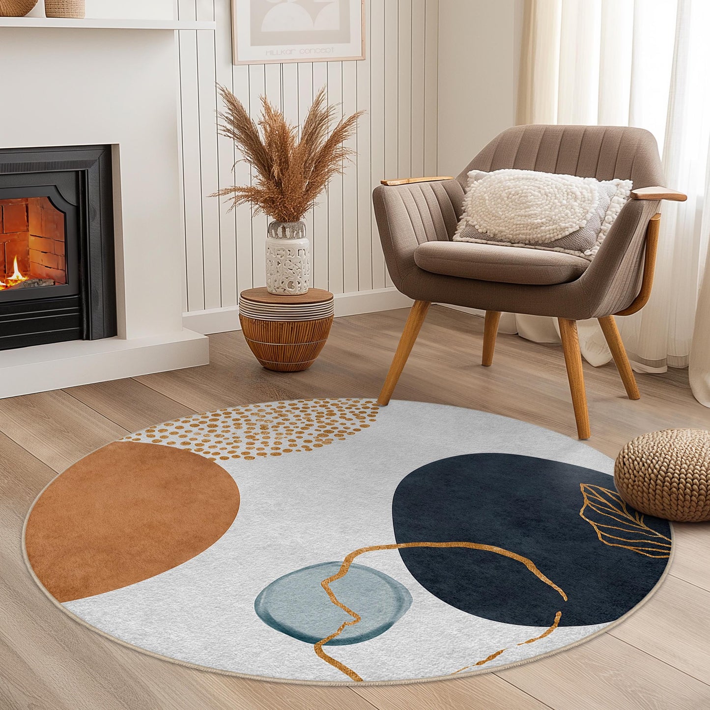Abstrakter runder Teppich | Moderner Baumwollteppich | Boho-Chic-Wohndeko | Stilvolle runde Fußmatte