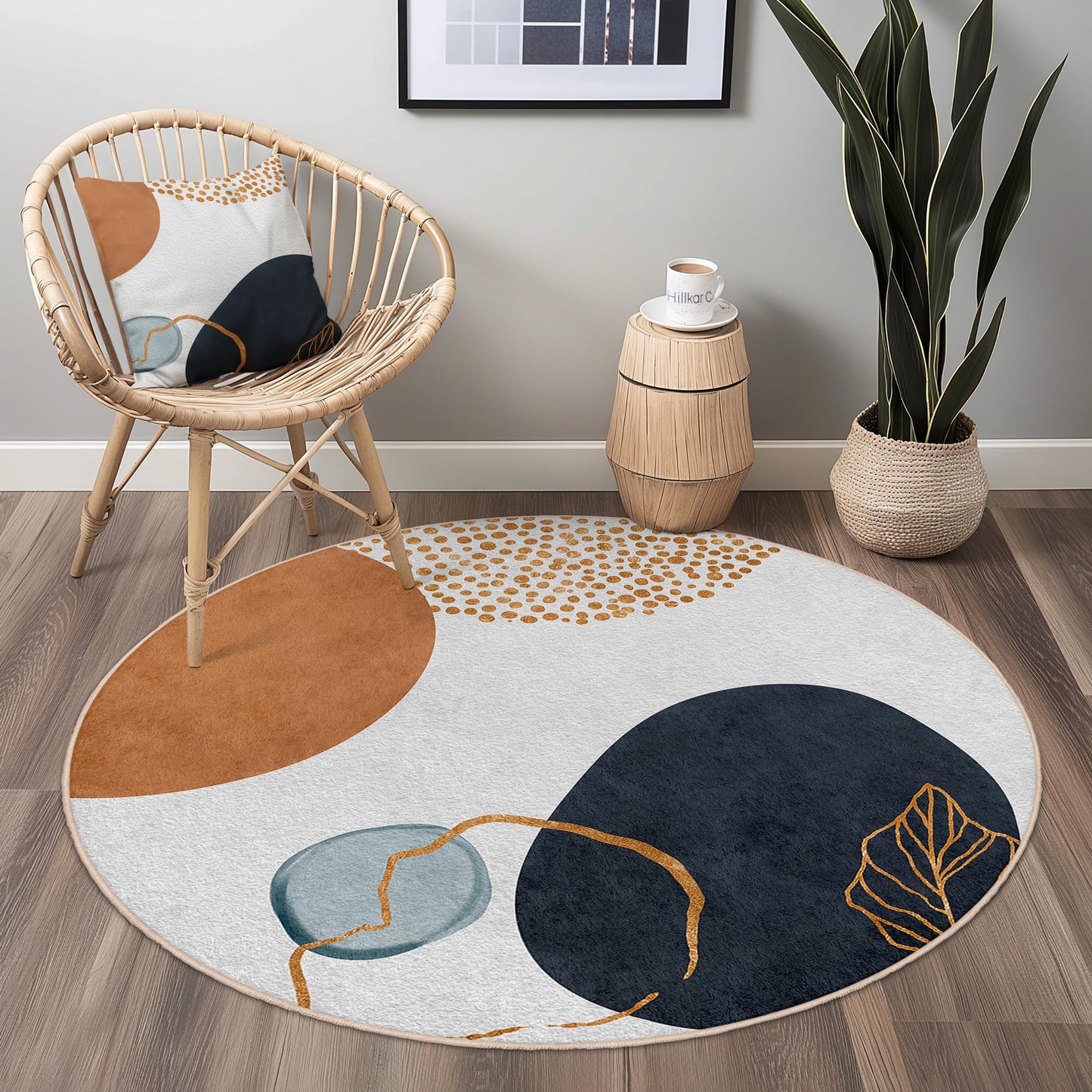 Abstrakter runder Teppich | Moderner Baumwollteppich | Boho-Chic-Wohndeko | Stilvolle runde Fußmatte