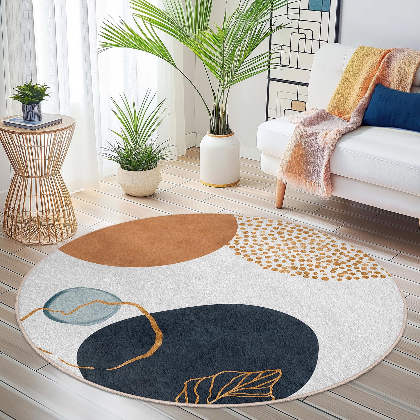 Abstrakter runder Teppich | Moderner Baumwollteppich | Boho-Chic-Wohndeko | Stilvolle runde Fußmatte