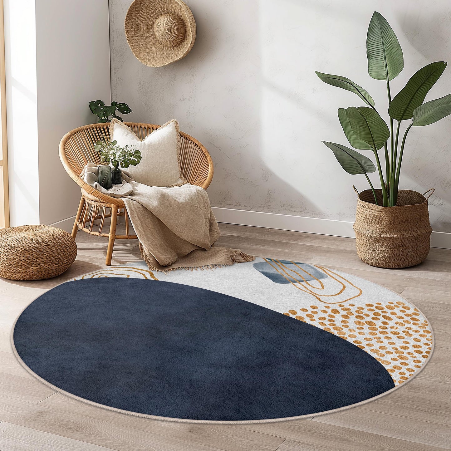 Runder Teppich mit geometrischem Muster | Moderner abstrakter Kreisteppich | Weiche Baumwollmatte fürs Wohnzimmer | Stilvolle Wohndekoration