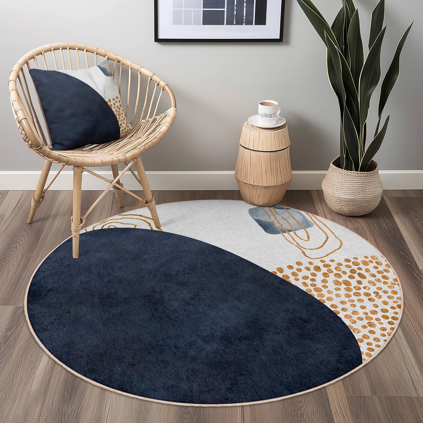 Runder Teppich mit geometrischem Muster | Moderner abstrakter Kreisteppich | Weiche Baumwollmatte fürs Wohnzimmer | Stilvolle Wohndekoration