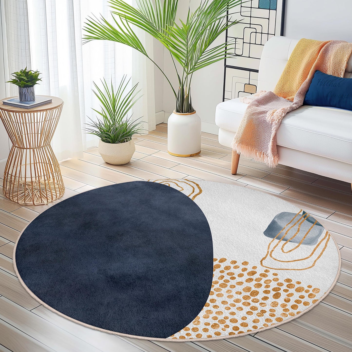 Runder Teppich mit geometrischem Muster | Moderner abstrakter Kreisteppich | Weiche Baumwollmatte fürs Wohnzimmer | Stilvolle Wohndekoration