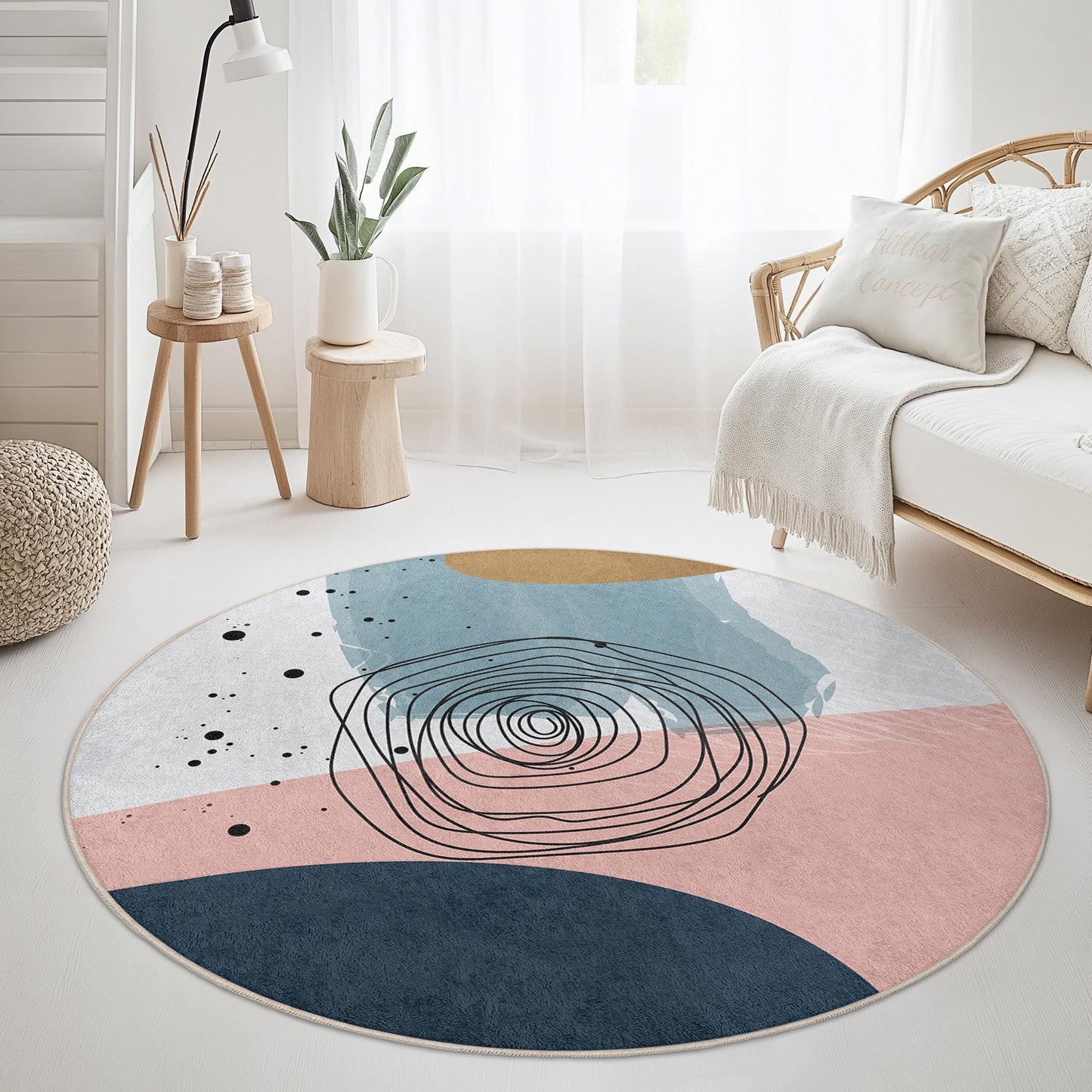 Waschbarer runder Teppich mit abstraktem Kreisdesign | Moderner Wohnteppich | Weiche Baumwollmatte | Stilvoller Akzent fürs Wohnzimmer