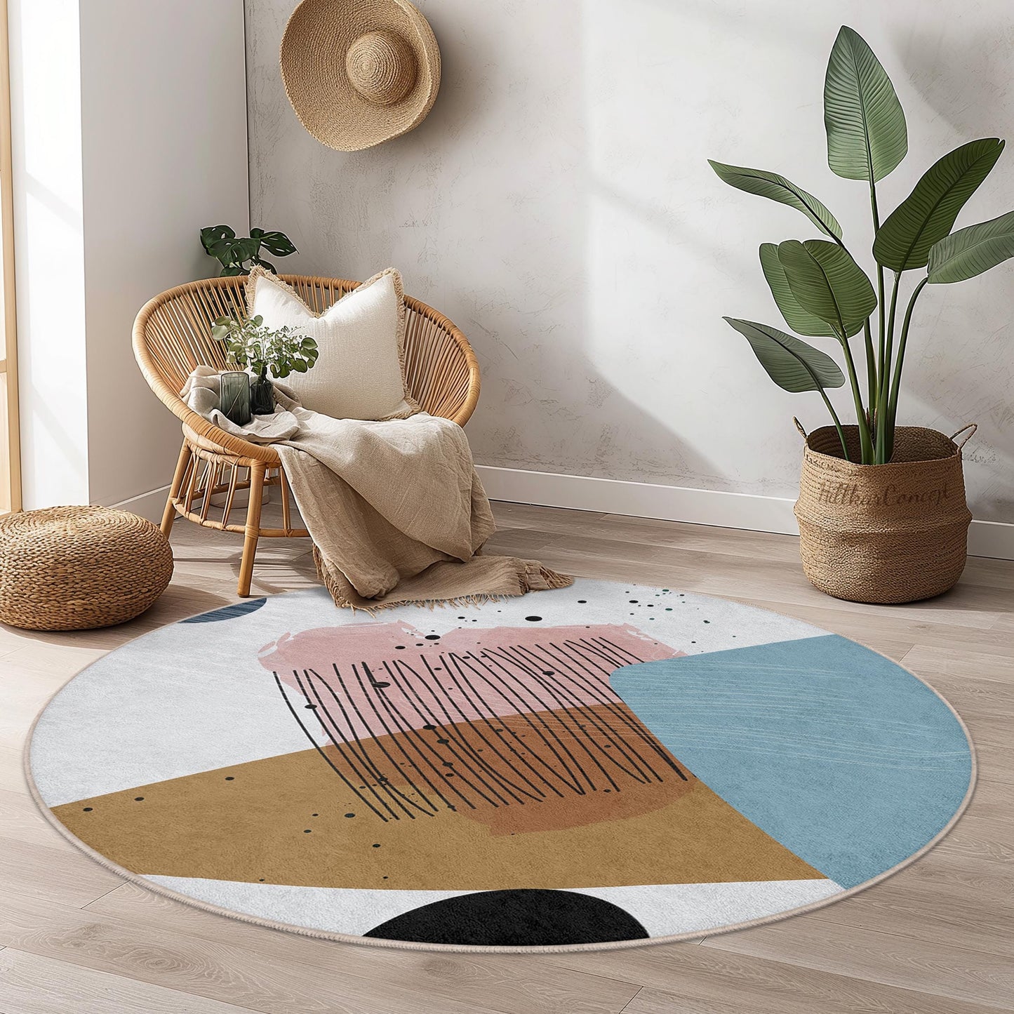 Abstrakter runder Teppich | Moderner minimalistischer Teppich | Weiche Baumwoll-Fußmatte | Stilvolle Wohnaccessoires