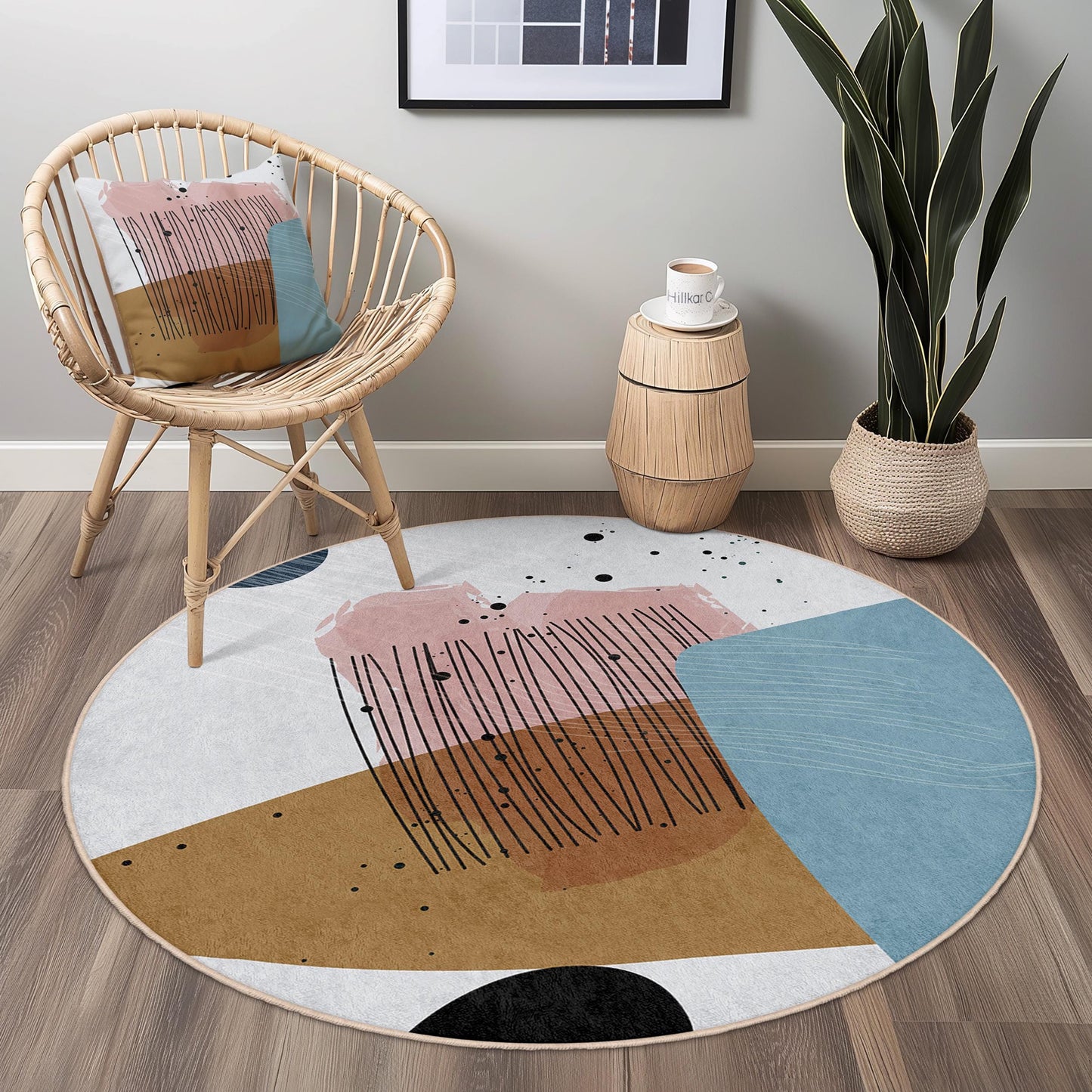 Abstrakter runder Teppich | Moderner minimalistischer Teppich | Weiche Baumwoll-Fußmatte | Stilvolle Wohnaccessoires