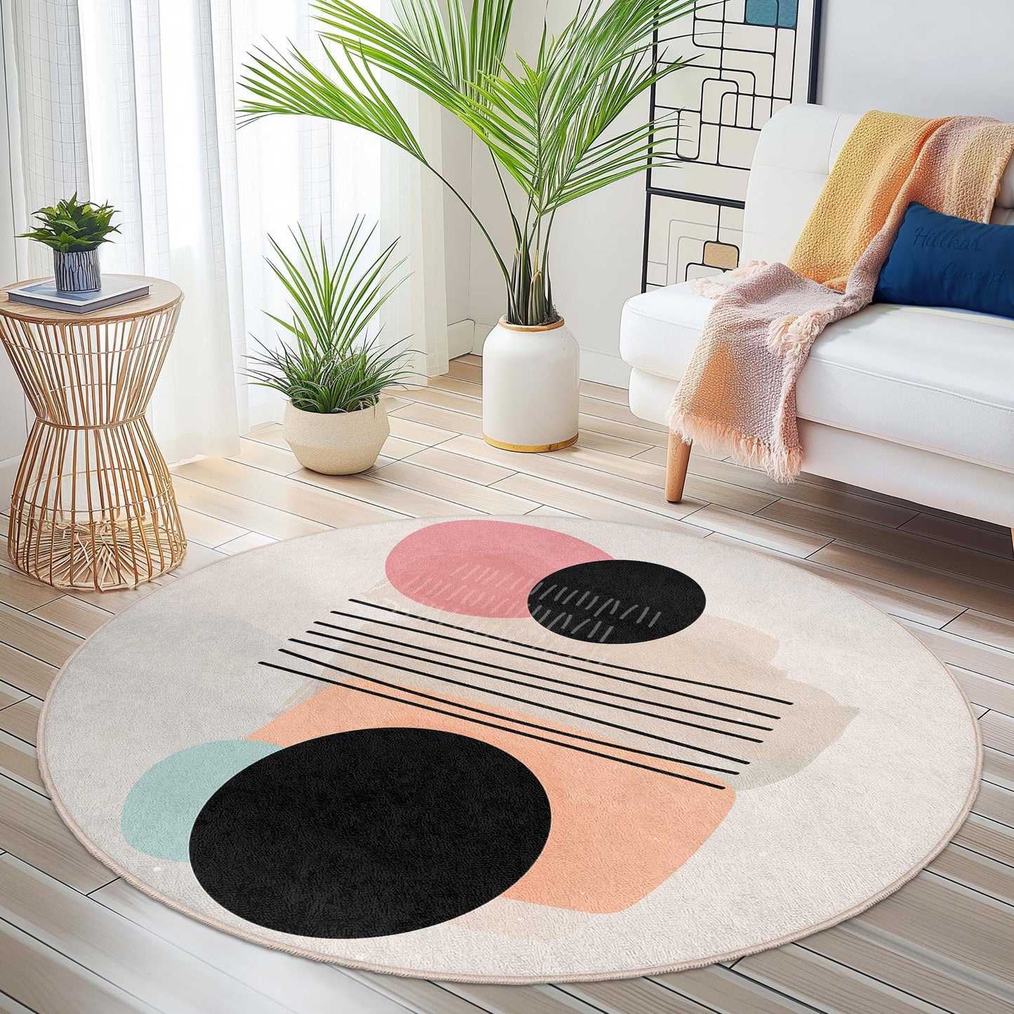 Abstrakter geometrischer runder Teppich | Moderne Wohnaccessoires | Weicher Baumwollteppich | Stilvoller Akzent fürs Wohnzimmer